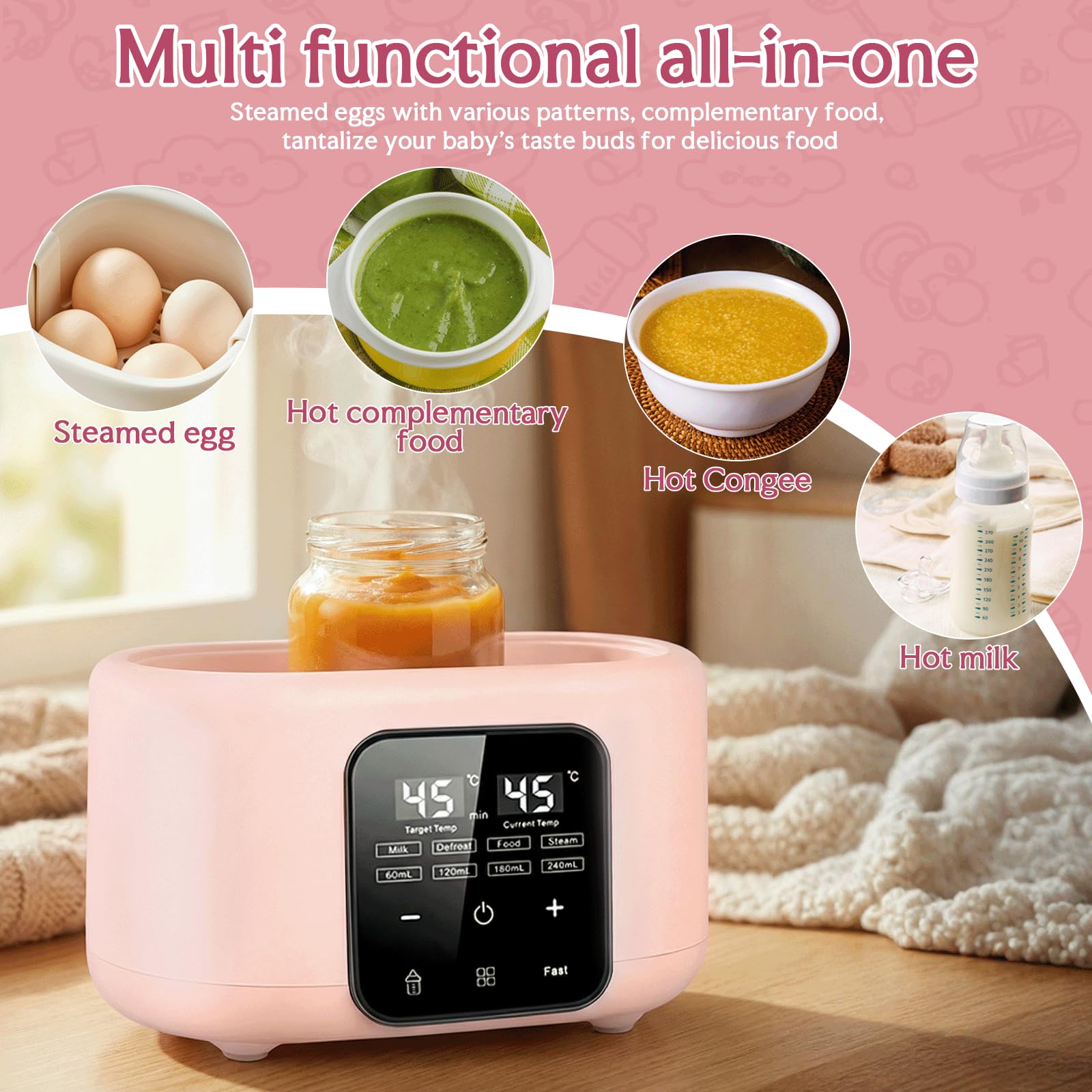 6 in 1 Flaschenwärmer Baby, Sterilisator für Babyflasche, Flaschenwärmer, Babyflaschen Wärmer, Vaporisator für Babyflasche, Babykostwärmer mit Flaschenbürste und Clip (Rosa)