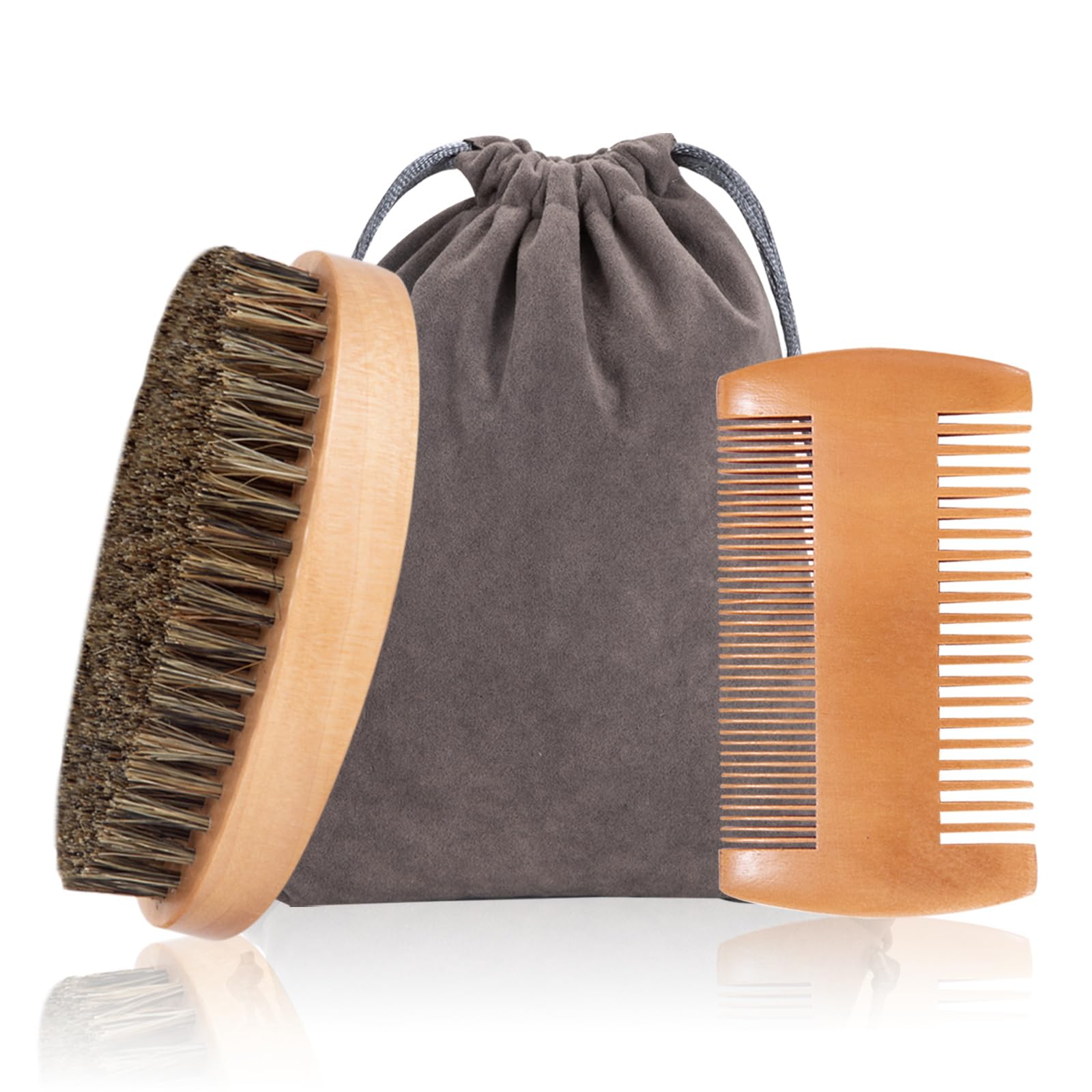 Spazzola da Barba e Pettine da Barba Kit per Uomo Pettine in Legno Spazzola con Setole di Cinghiale con Custodia per Quotidiano Viaggio3Pcs