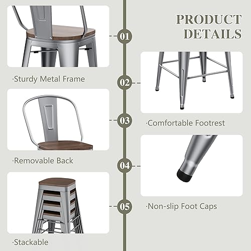 Miniatura 6 de Yongqiang Taburetes de bar de 30 pulgadas, juego de 4 taburetes de bar de granja, sillas de bar de cocina con respaldo alto, taburetes de bar de