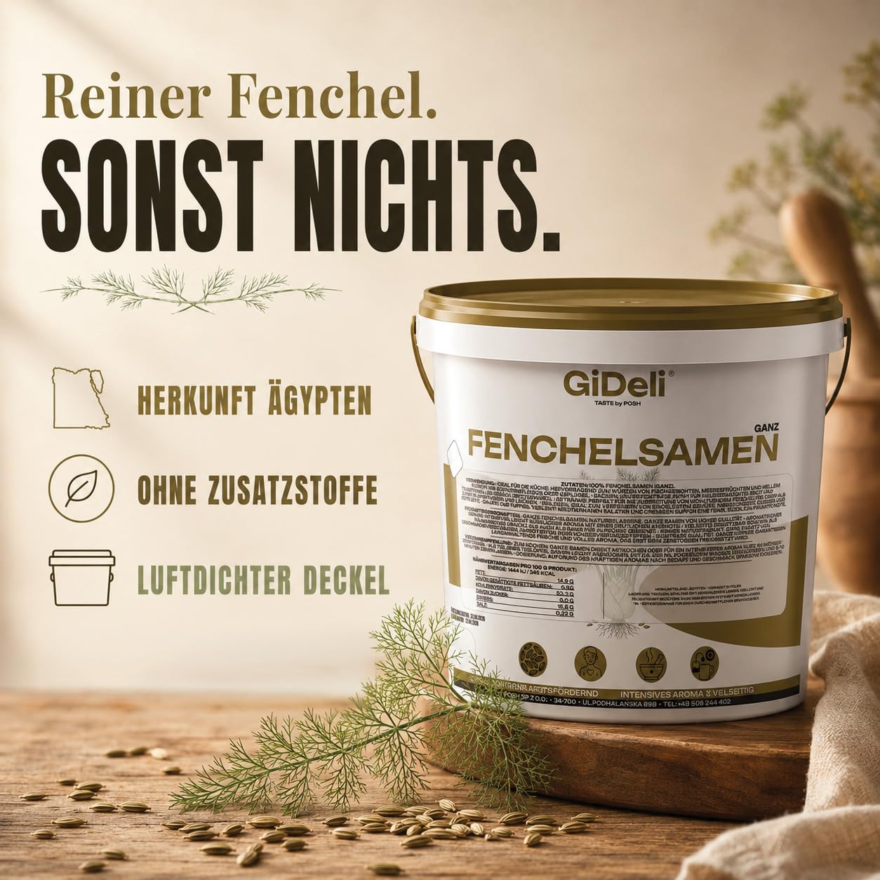 GiDeli Fenchelsamen Ganz aus Ägypten 10kg im Eimer - 100% Naturrein & ohne Zusatzstoffe - Premium Fenchelsaat für Fencheltee, Kräutertee & Brotgewürz - Mediterrane Würze mit Anisnote