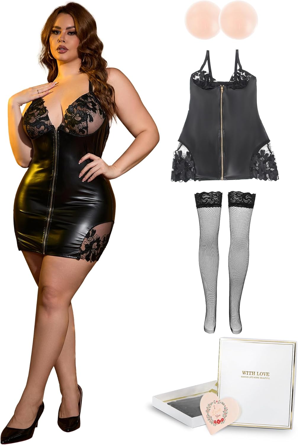 ohyeah Women Black Faux Leather Lingerie Dress Front Zipper Backless Mini Dress for Rave Outfits,Nightclub S-2XL