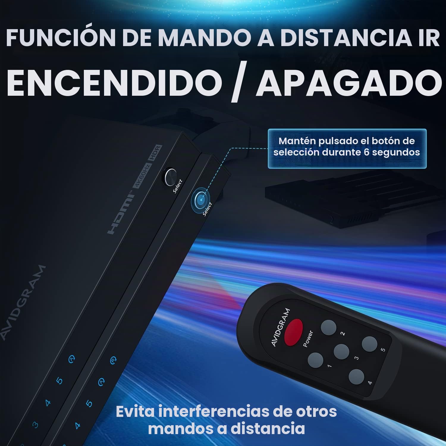 HDMI Switch 4K 60Hz, AVIDGRAM HDMI 2.0 Conmutador 5 in 1 out, 5 Entradas a 1 Salida Selector Box con IR-Fernbedienung Soporte HDCP 2.2 HDR10 3D 18Gbps para Xbox PS4 HDTV Monitor