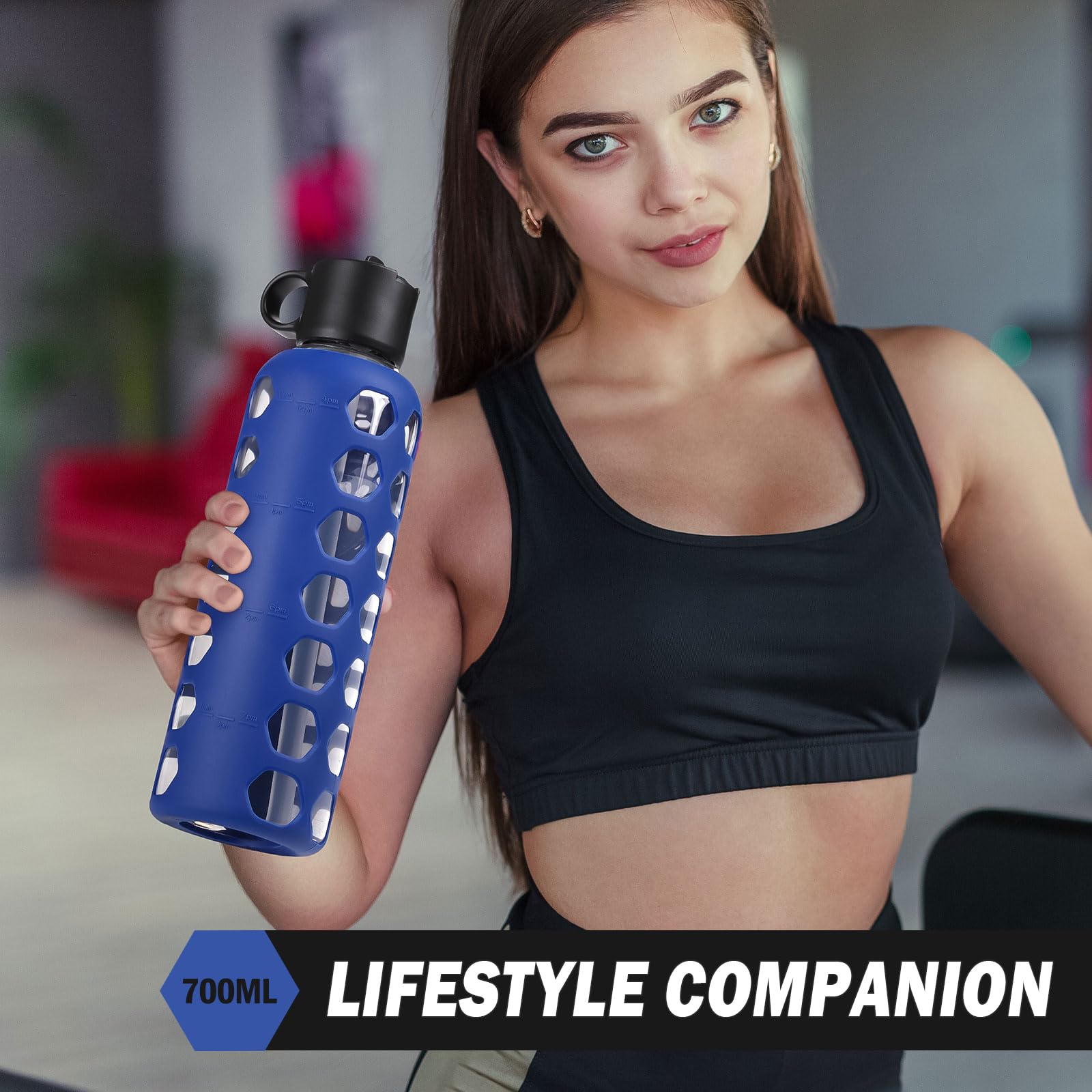 BLUEGO Borracce in vetro, 700ml Bicchiere in vetro, Bottiglie per bere con 2 coperchi, Bottiglia per l'acqua sportiva con custodia in silicone, A prova di perdite, Blu
