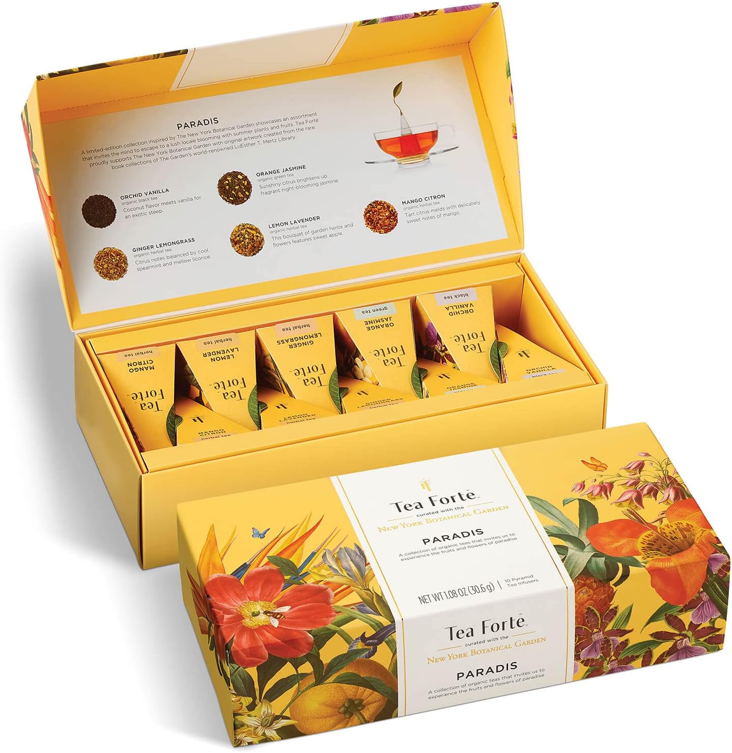 Tea Forte Premium Petite Presentation Box Gift Set Sampler, 10 Count, 2 of Each Blend Individually Wrapped Handcrafted Pyramid Infuser Bags, Paradis