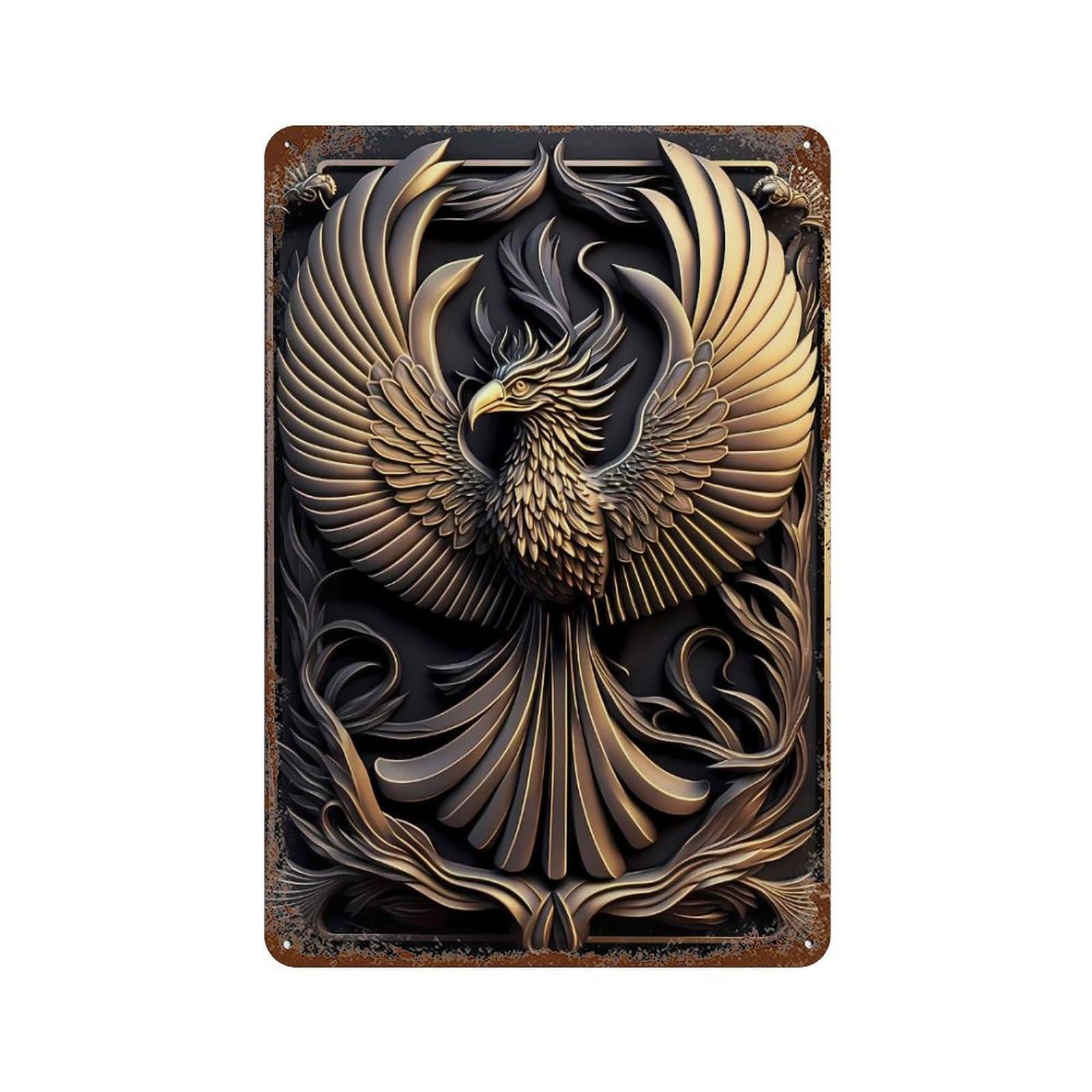 Vintage Rust Metal Sign with Noble Golden Phoenix Design 11.8"x7.9", for Office, Studio And Wall Decor, Farmhouse Wall Decor