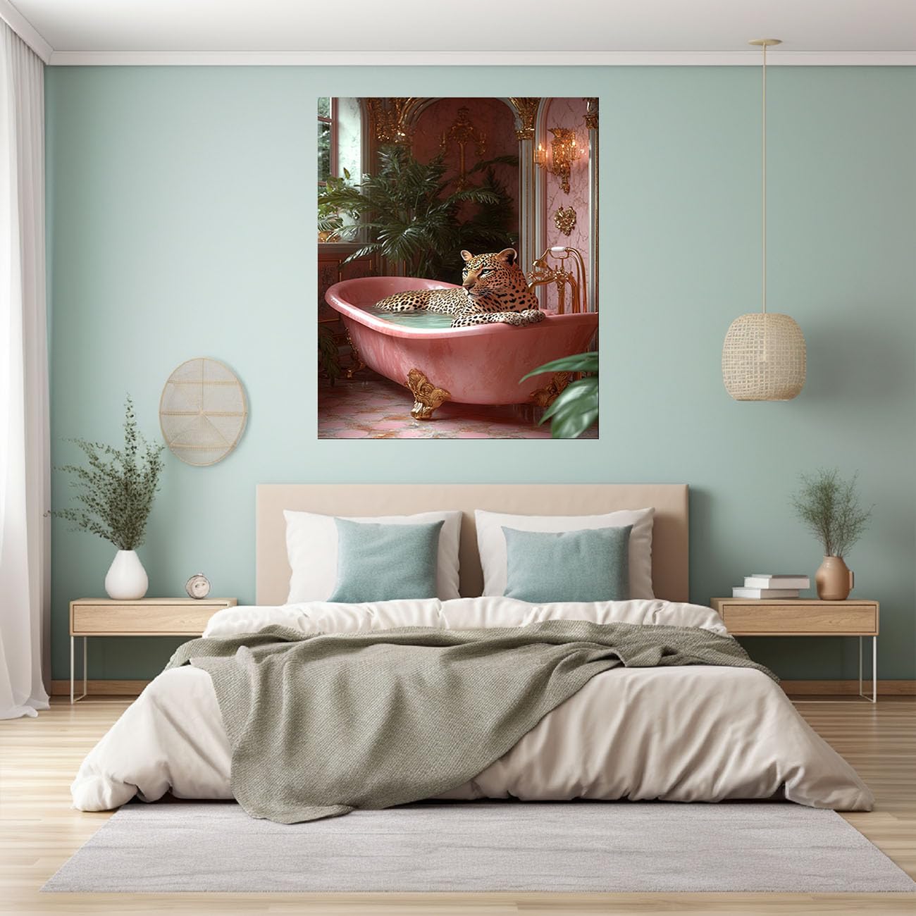 QUSAAOU Canvas Pictures Leopard w marmurowej wannie, szlachetne metalowe armatury, plakat z motywami zwierzęcymi, nadaje się do dekoracji ścian w sypialni, kuchni, biurze i łazienkach, kolor różowy