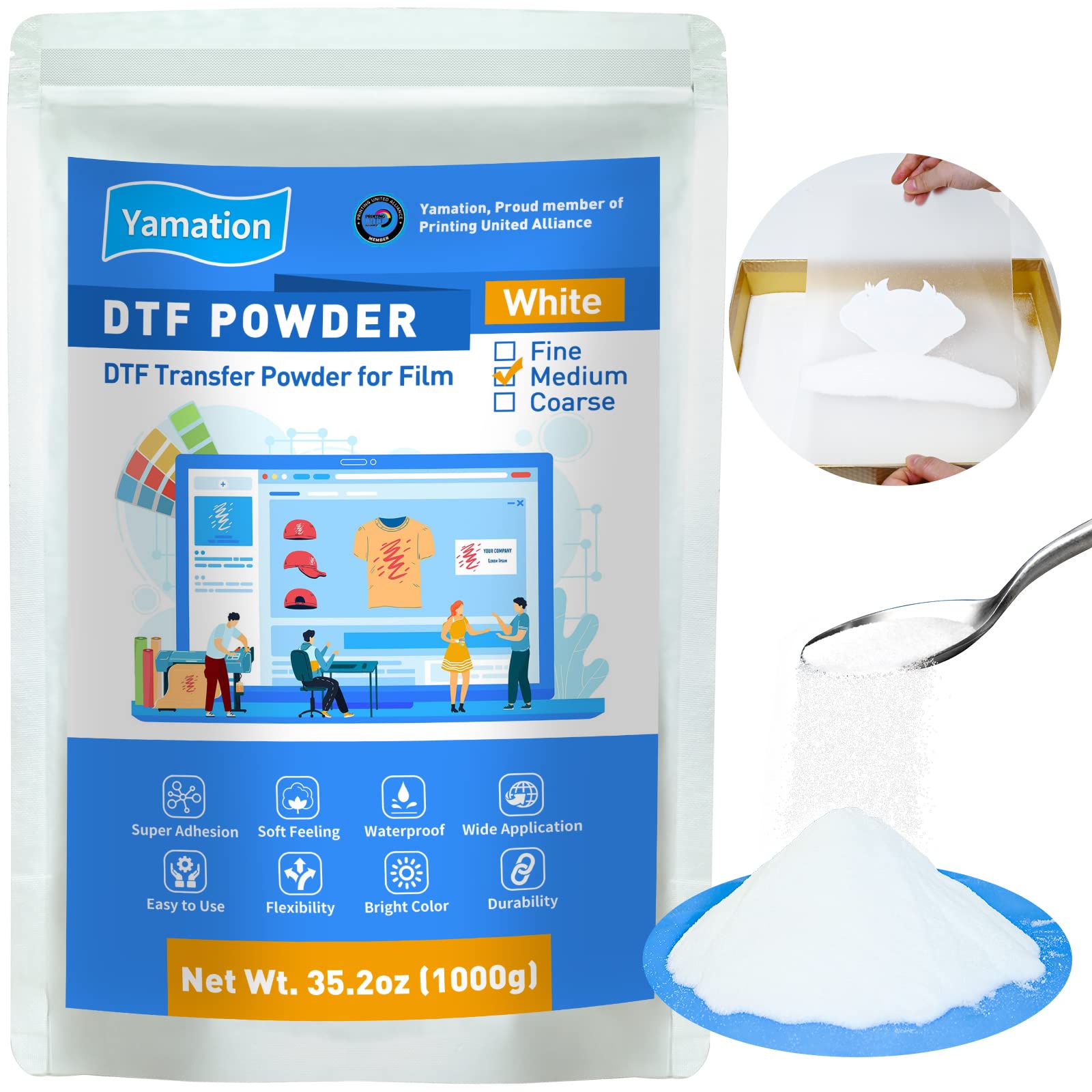 DTF Powder Adhesive White 35.2OZ/ 2.2lb DTF Transfer Powder Hot Melt Adhesive applies to All DTF Transfer Printers for Digital Prints on T-Shirts Textile DTF Supply with DTF PET Film and Ink