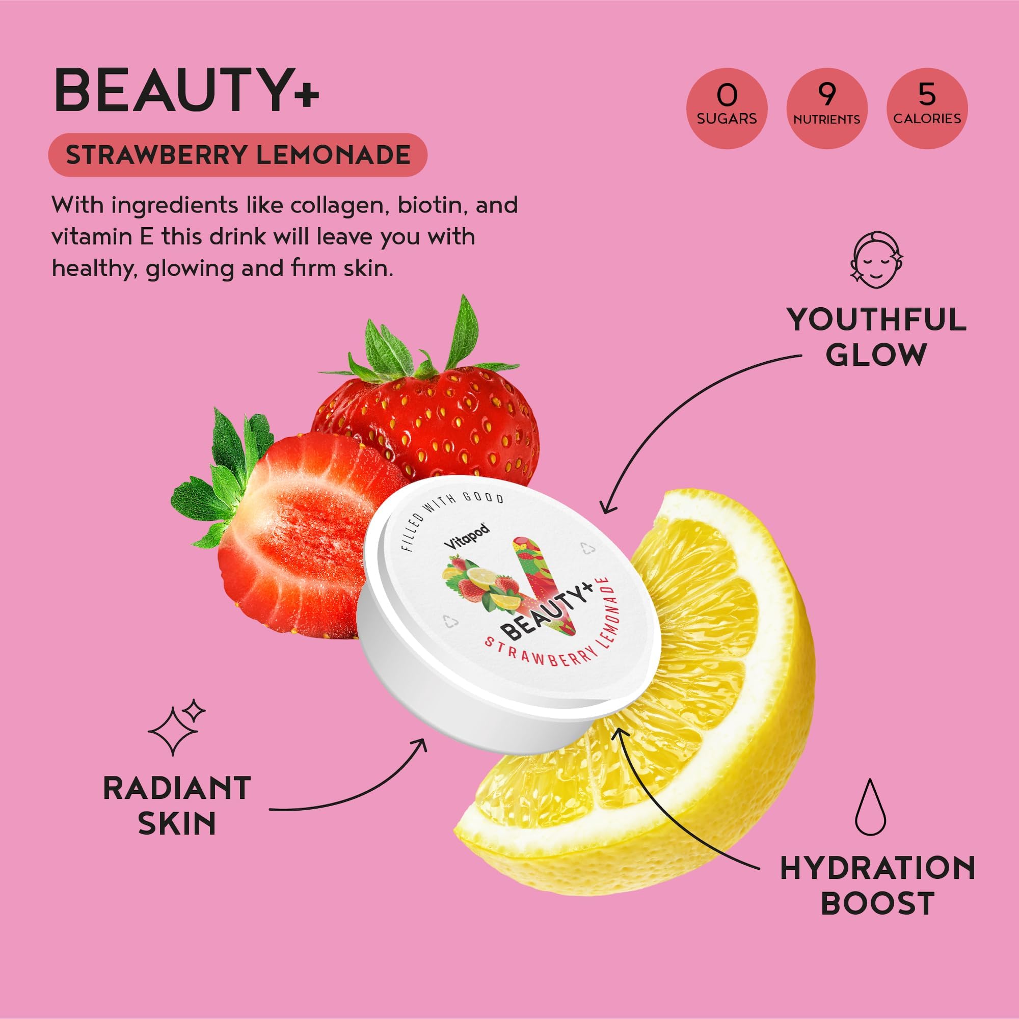 Vitapod Beauty+ Collagen Drink Mix, Strawberry Lemonade - 30 Single-Serve Pods for Hair, Skin & Nails - Biotin, Zinc, Electrolytes, Vitamins A C D E - Zero Sugar Beauty Hydration — Amazon image 2