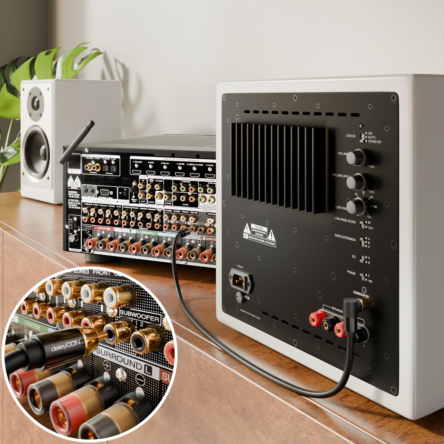 deleyCON 2m Kabel do Subwoofera - Wtyk Kątowy - Kabel Koaksjalny Cinch RCA - do Subwoofera, Amplitunera AV, Wzmacniacza HiFi, Zestawów HiFi, Soundbarów, Aktywnych Głośników - Nylon Czarny