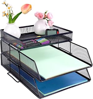 2 Tier Mesh Trays, Stackable Desktop File Organizer with Top Stationery Holder, Paper Letter and Document Trays for Office, School and