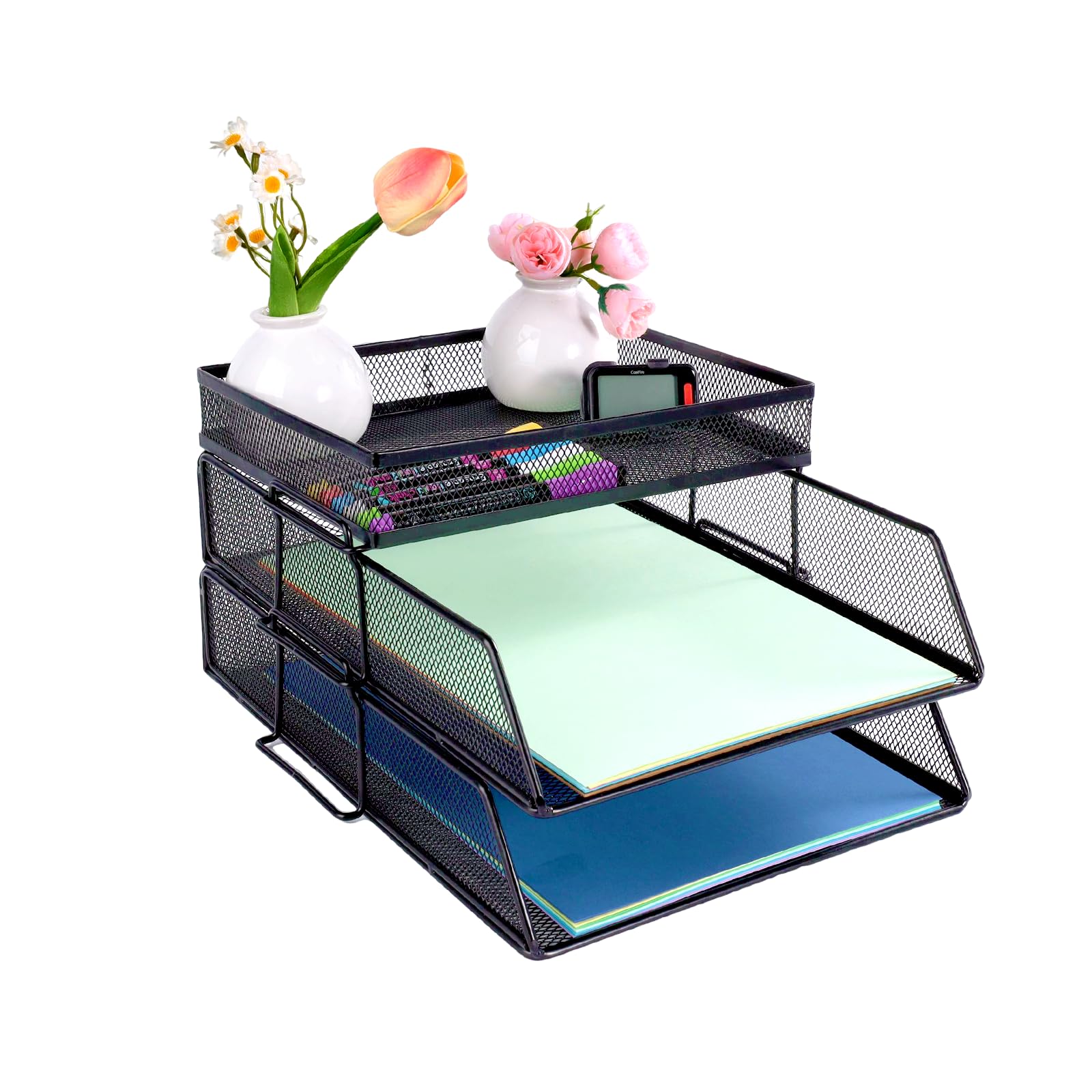 Bandejas de malla de 2 niveles, organizador de archivos de escritorio apilable con soporte superior para artículos de papelería, bandejas de papel para cartas y documentos para oficina, escuela y