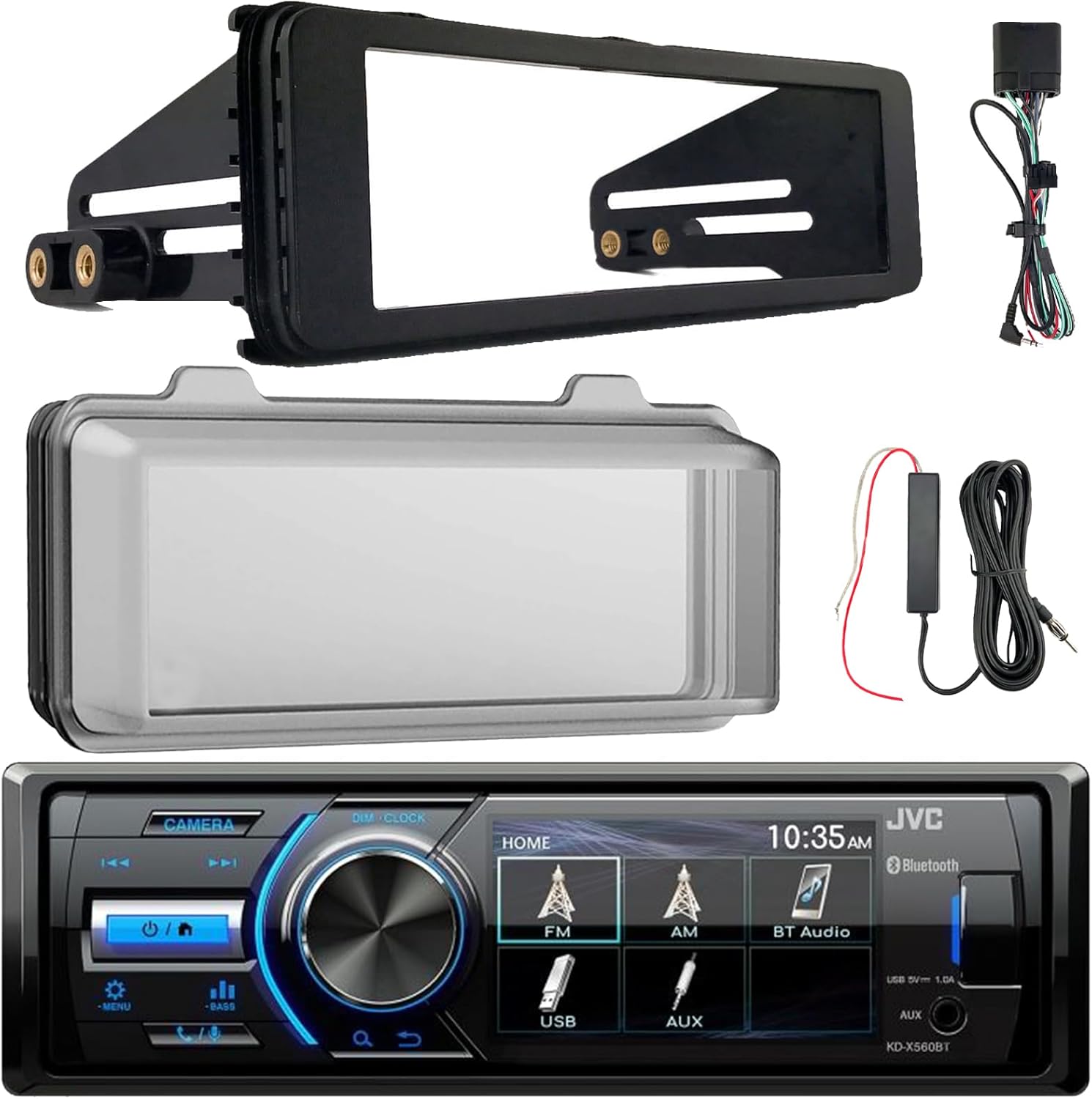 JVC KD-X560BT Single DIN Marine Bluetooth Motorsports USB/AUX AM/FM Radio Digital Media Stereo Receiver W/Stereo Install Kit + Weather Shield Receiver Cover, Signal Reception Amplifier Booster Kit