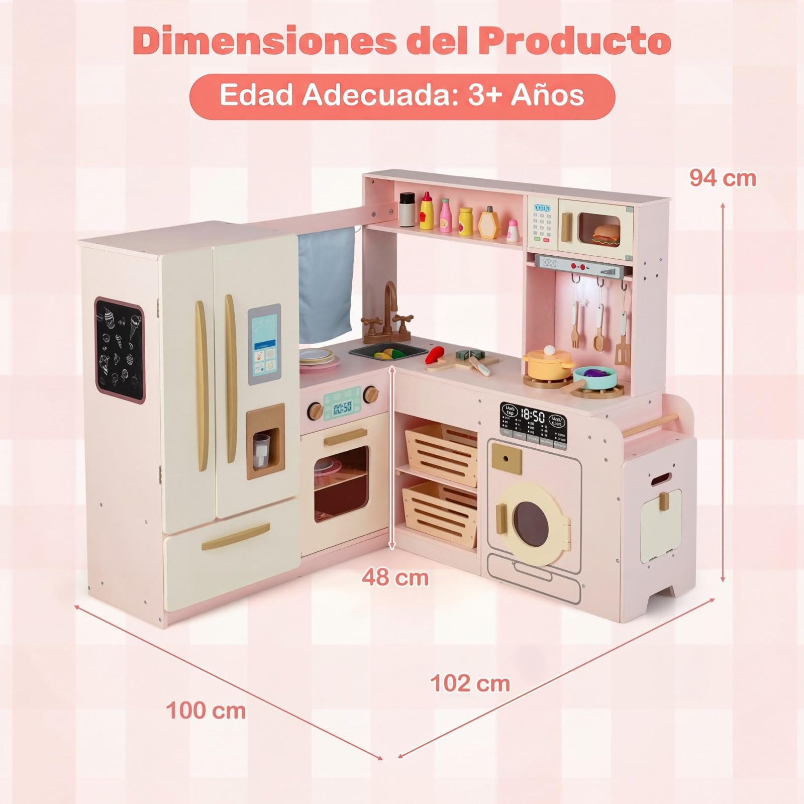 COSTWAY Cocina Juguete en Esquina con Luces y Sonidos, Cocinita Infantil con Refrigerador de Doble Puerta, Hielera, Microondas, Cocina de Madera con Almacenaje para Niños de 3+ Años (Rosa)