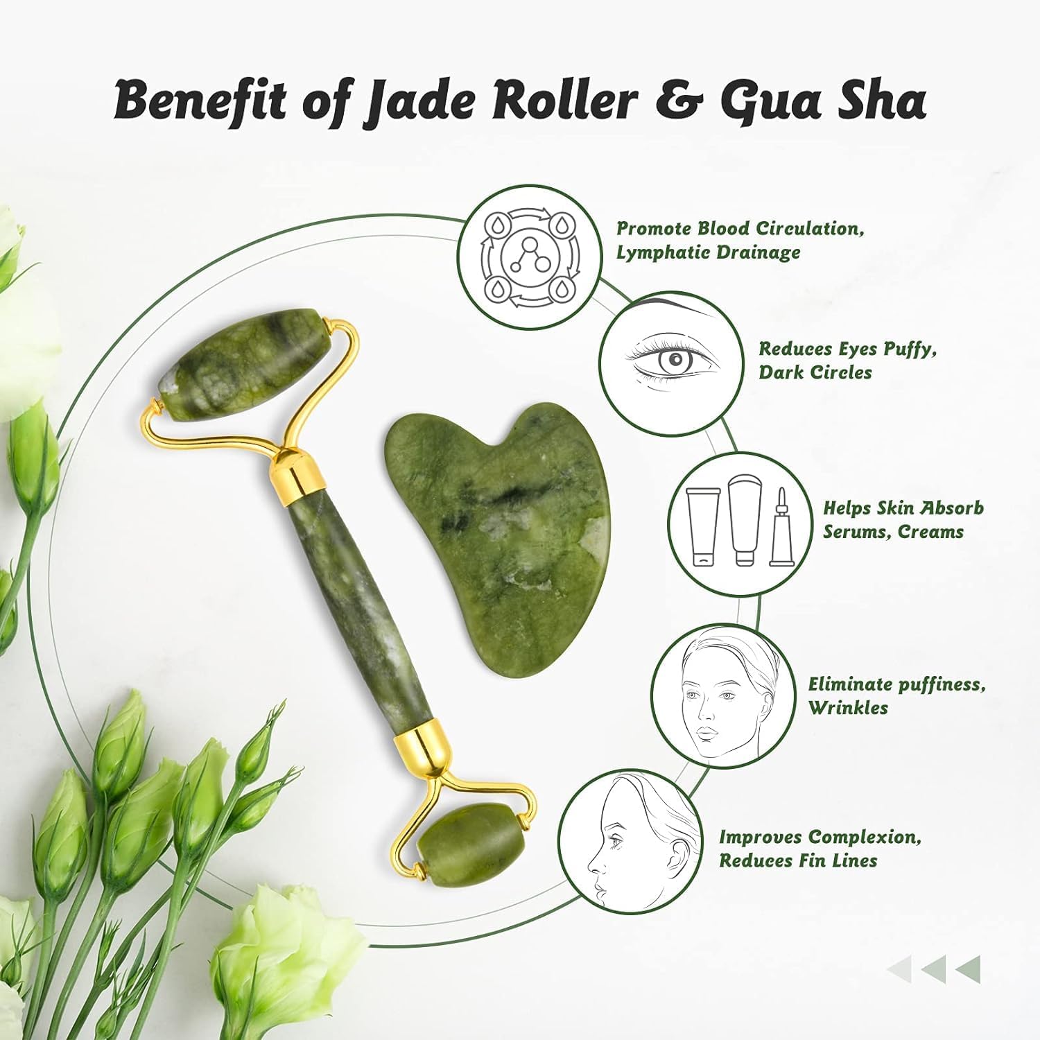 KEMETHY Jade Roller & Gua Sha Set Face Roller Anti-Aging Facial Roller Natural Green Jade Beauty Massager Tool Skin Care Tool for Face Neck Eye to Reduce Wrinkles Airtight (Pack of 1)