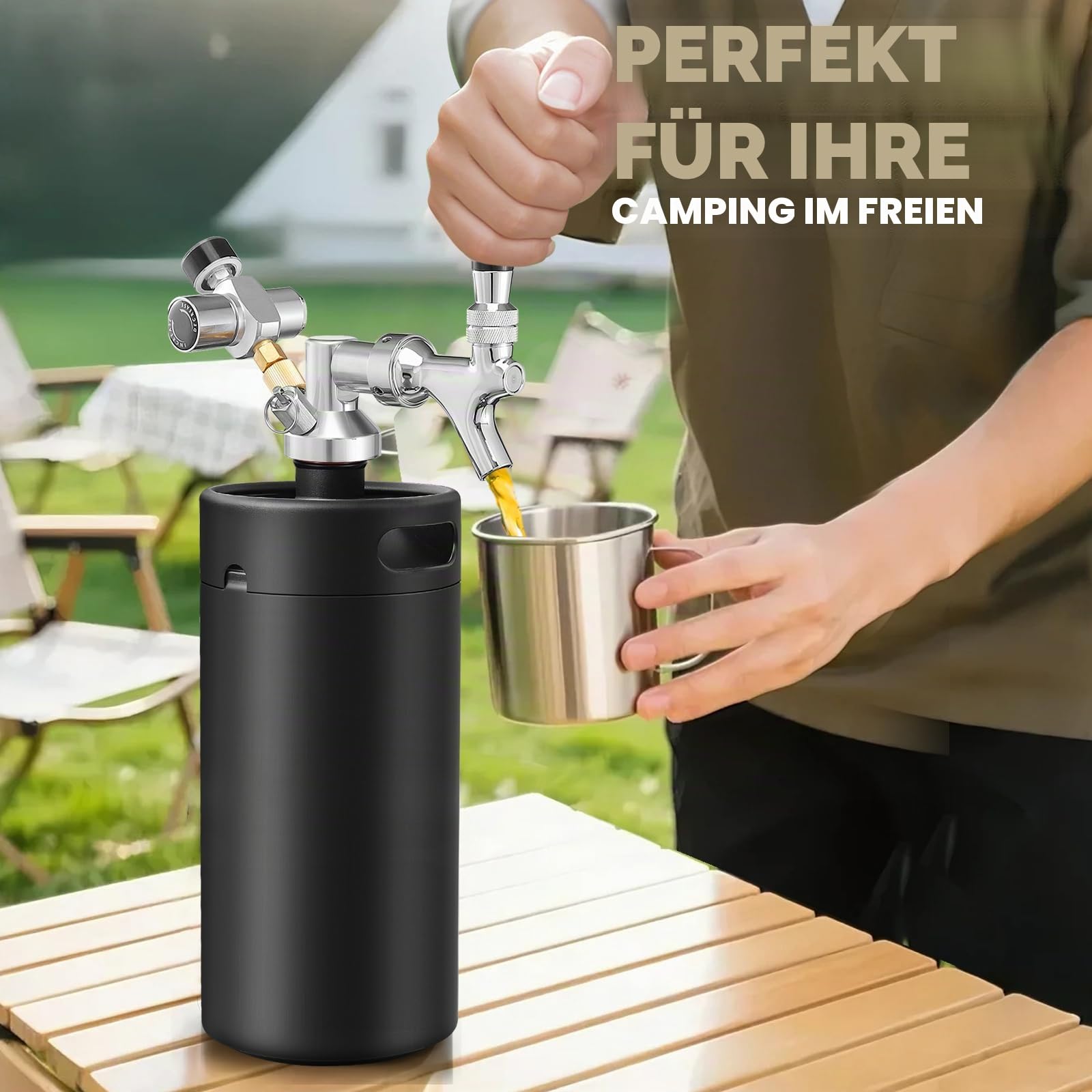 Mini-Fass-Growler, Edelstahl, tragbares Bierfass-Wasserhahn-System | CO2-Druck-Growler mit Kohlensäure, 55 PSI zum Frischhalten, Bierzapf-System für selbstgebrautes Camping, Grillen (schwarz)