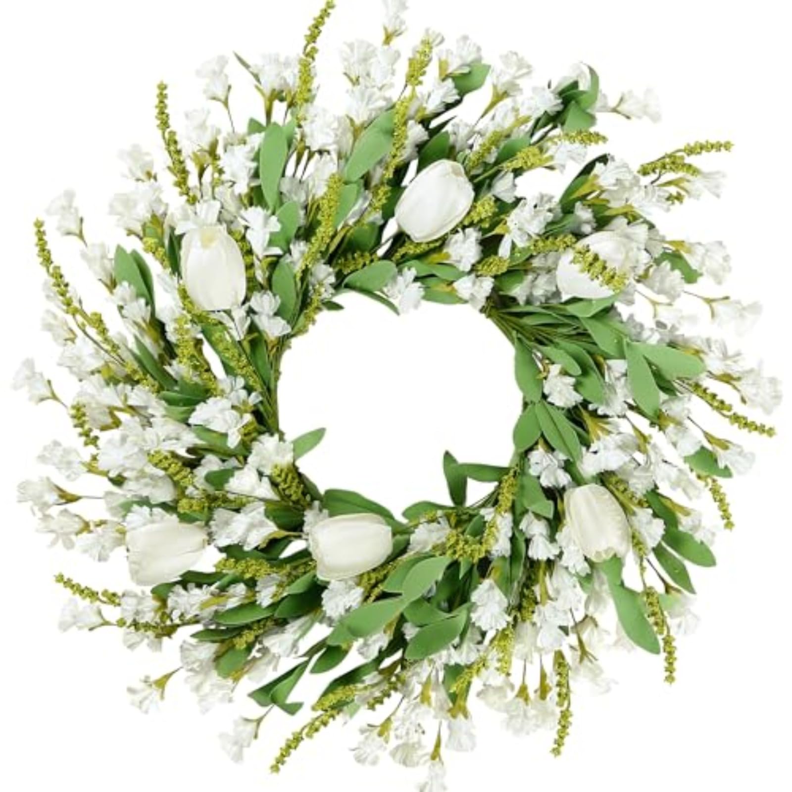 Artificial Tulip Wreath 45cm All Season Pink Red Floral Wreath with Lavender Greenery for Front Door Indoor Outdoor Multi-Scene Home Decor (White,55cm)