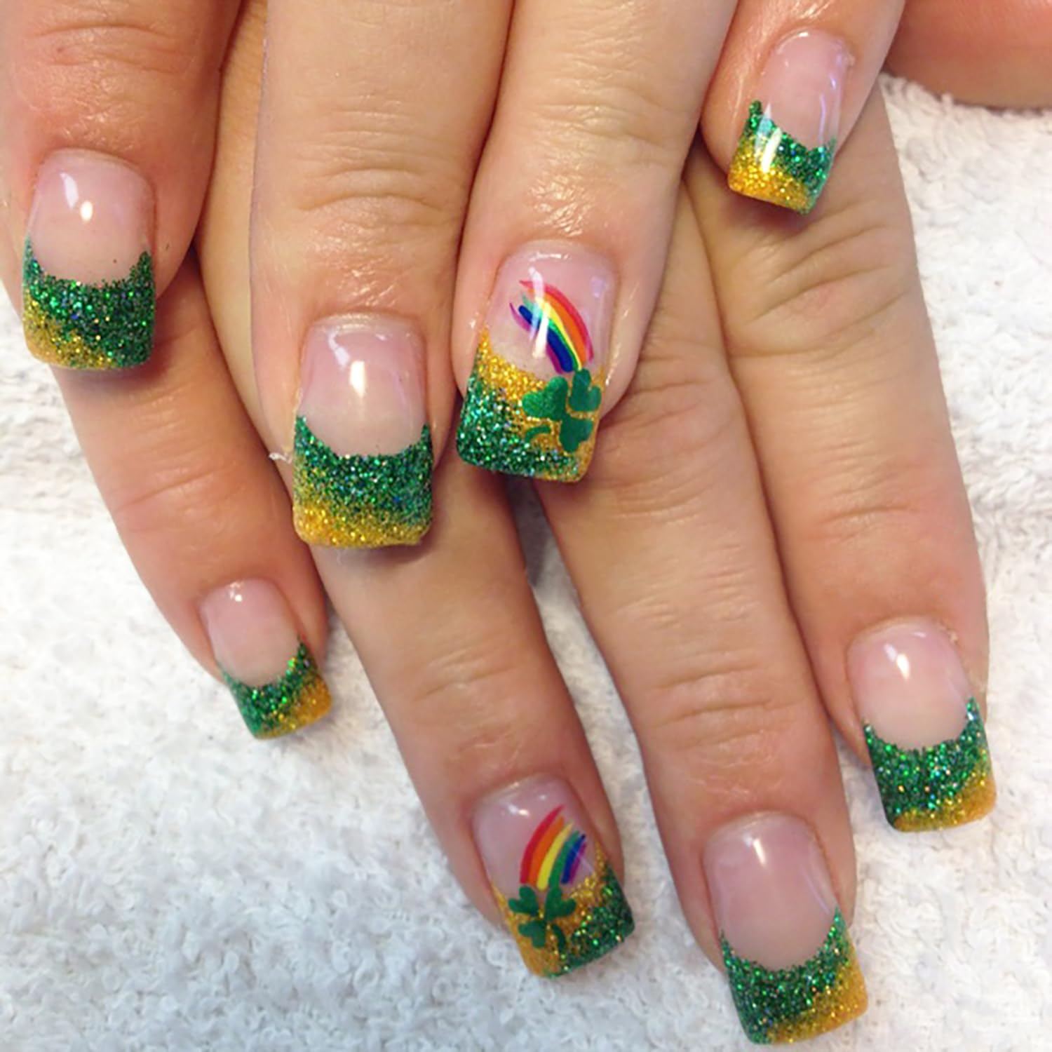 St.Patrick's Day French Tip Press on Nails Short Square False Nails with Green Gold Nail Tip Design Clover Shamrock False Nails Full Cover Nude