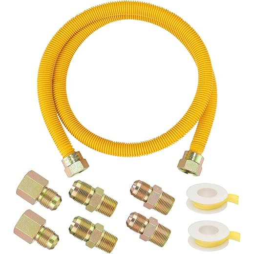 48" Flexible yellow Coated Corrugated line kit for Dryer Stove Range, Flexible Stainless Steel Gas Dryer Kit - 5/8" OD(1/2" ID) Dryer Gas Line with total 6 Connectors—— 3/4" MIP & 1/2"
