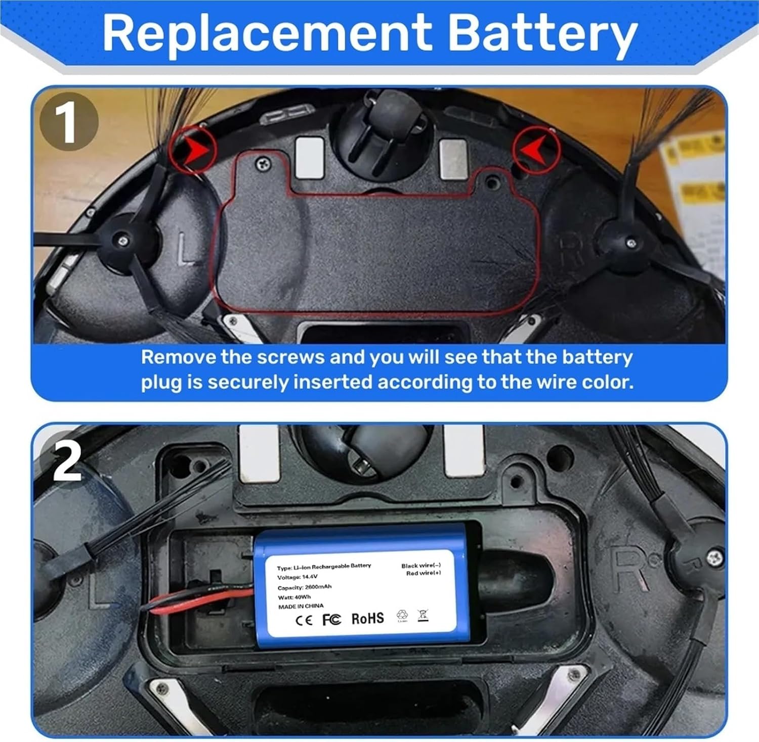 14.4V 2600mAh Li-ion Battery, Compatible For Xiaomi, Compatible For Mijia, Robot Vacuum-Mop Essential MJSTG1 Vacuum Cleaner(2800mAh)