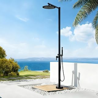 AYWSTC Freestanding Outdoor Shower Kit: Matte Black with 10" Rain Shower Head & Handheld for Pool, Garden, Backyard, Beach