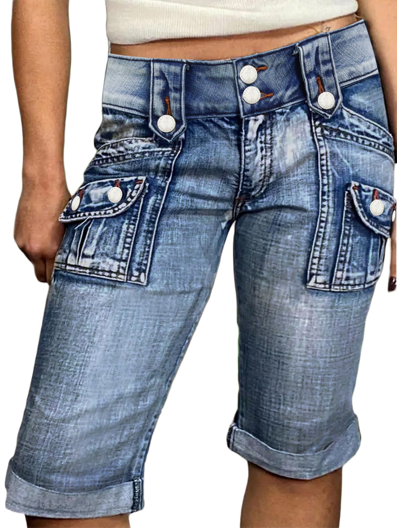 Flamingals Capri-Cargo-Jeans für Damen, mittlere Taille, dehnbar, Sommer, Skinny Wash, Pattentasche, Denim-Hose