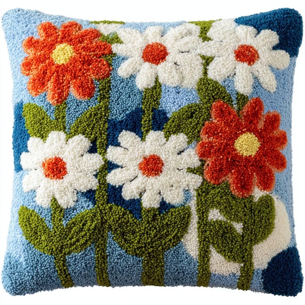 Henypt Latch Hook Pillow Making Kit 43x43cm,Daisy Printed Canvas Needlework Set,Relaxing Handmade Craft for Home Bedroom Decoration