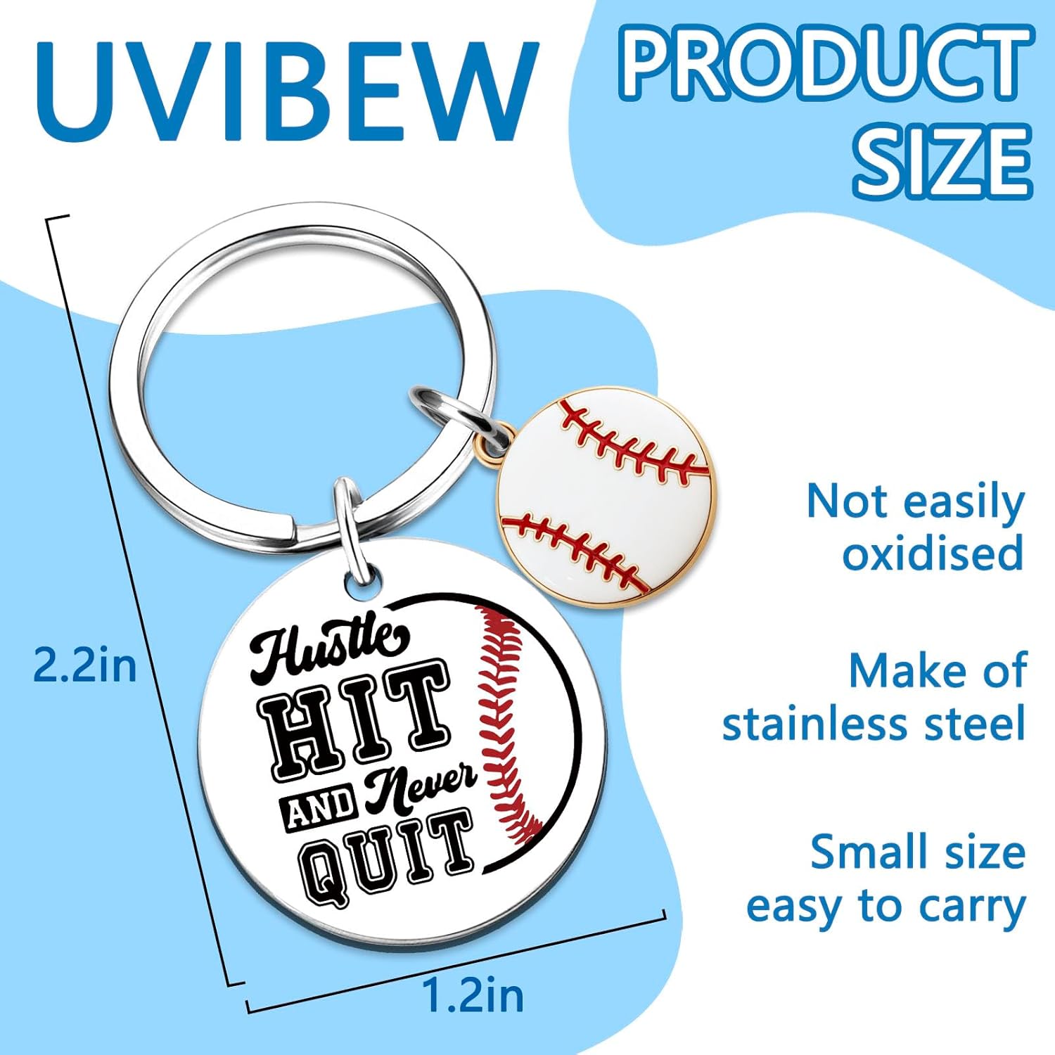 Baseball Gifts for Boys 8-12 Baseball Keychain Boys Keychains for Backpacks Baseballs Stocking Stuffers for Boy 12-14 Christmas Gifts Hustle Hit And Never Quit - Image 6