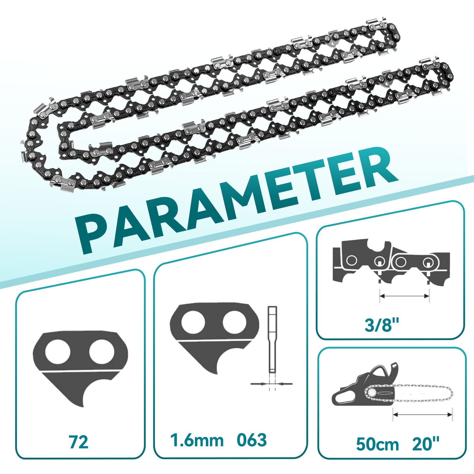 4 chaînes de tronçonneuse 3/8" 1,6 mm 72TG 50 cm 063