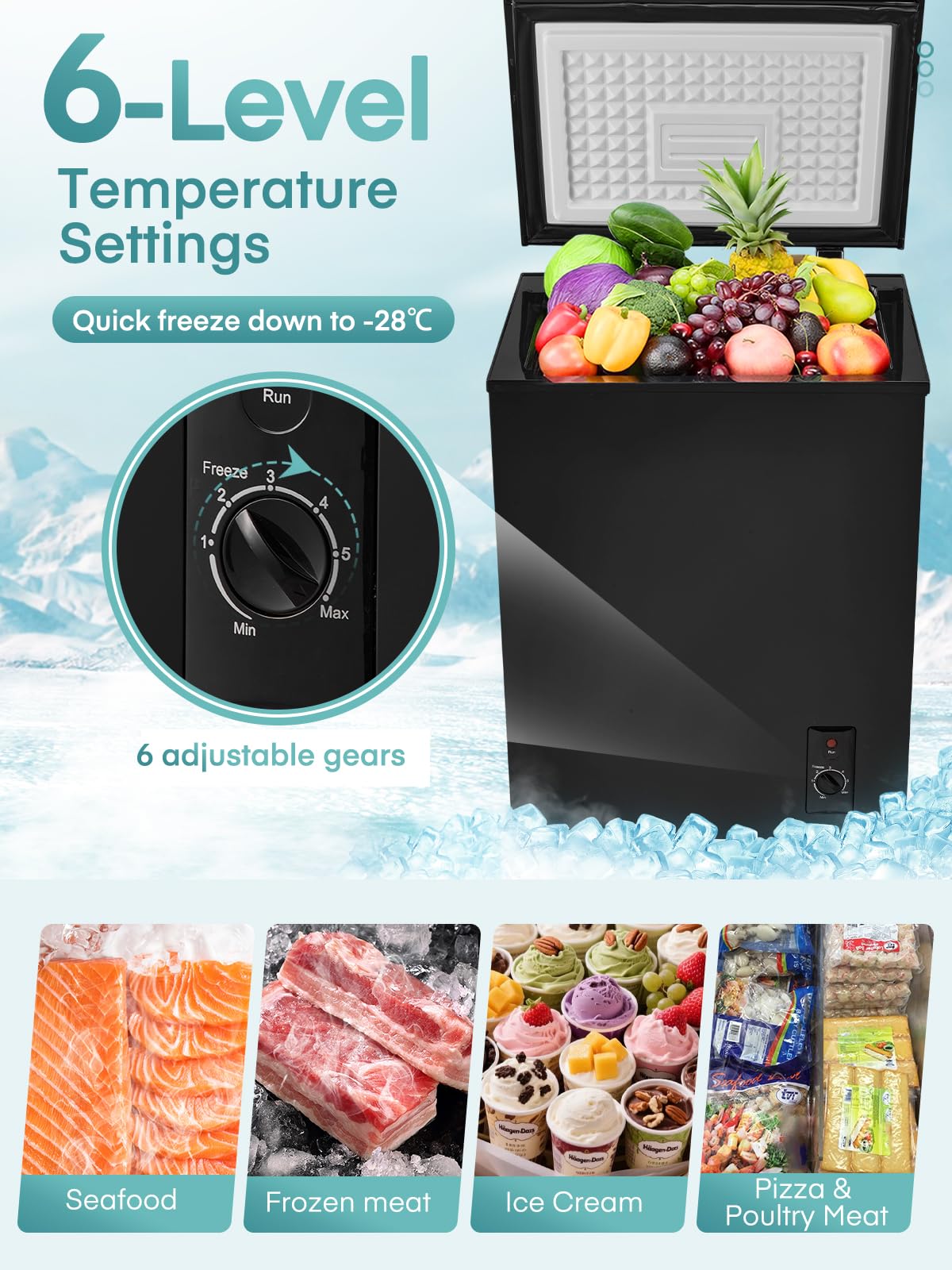 FOHERE Congelador Horizontal, Capacidad 70L, Alto 72.5 cm, Cesta con Asa, Silencioso 45 dBA, 6 Ajustes de Temperatura, Negro