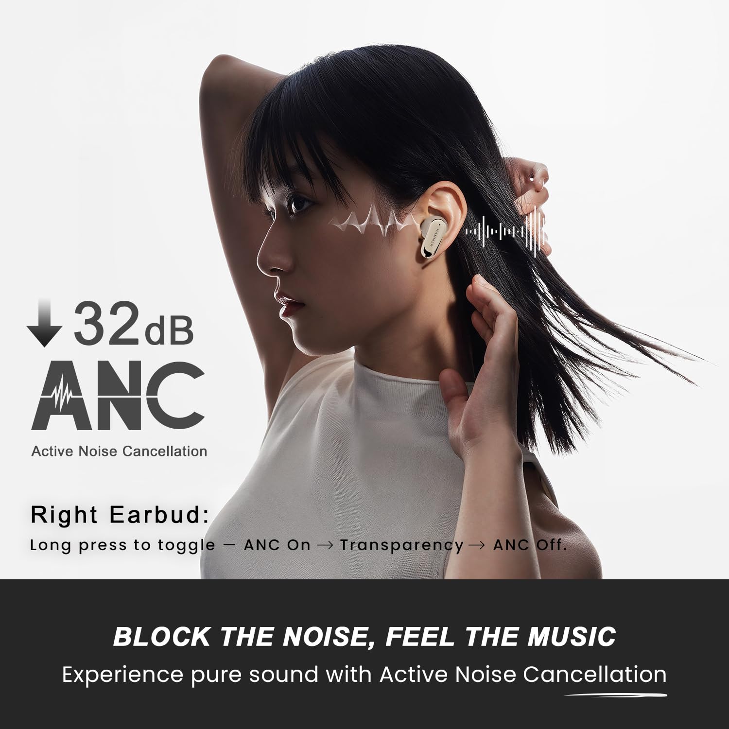 HAMMER Aura ANC Earbuds Wireless, 32dB ANC Ear Buds with ENC, Low Latency Gaming Earbuds with 35ms Mode, 50H Playtime, 13mm Titanium Driver, Transparency Mode, IPX4, Bluetooth 6.0, Beige — Amazon image 4