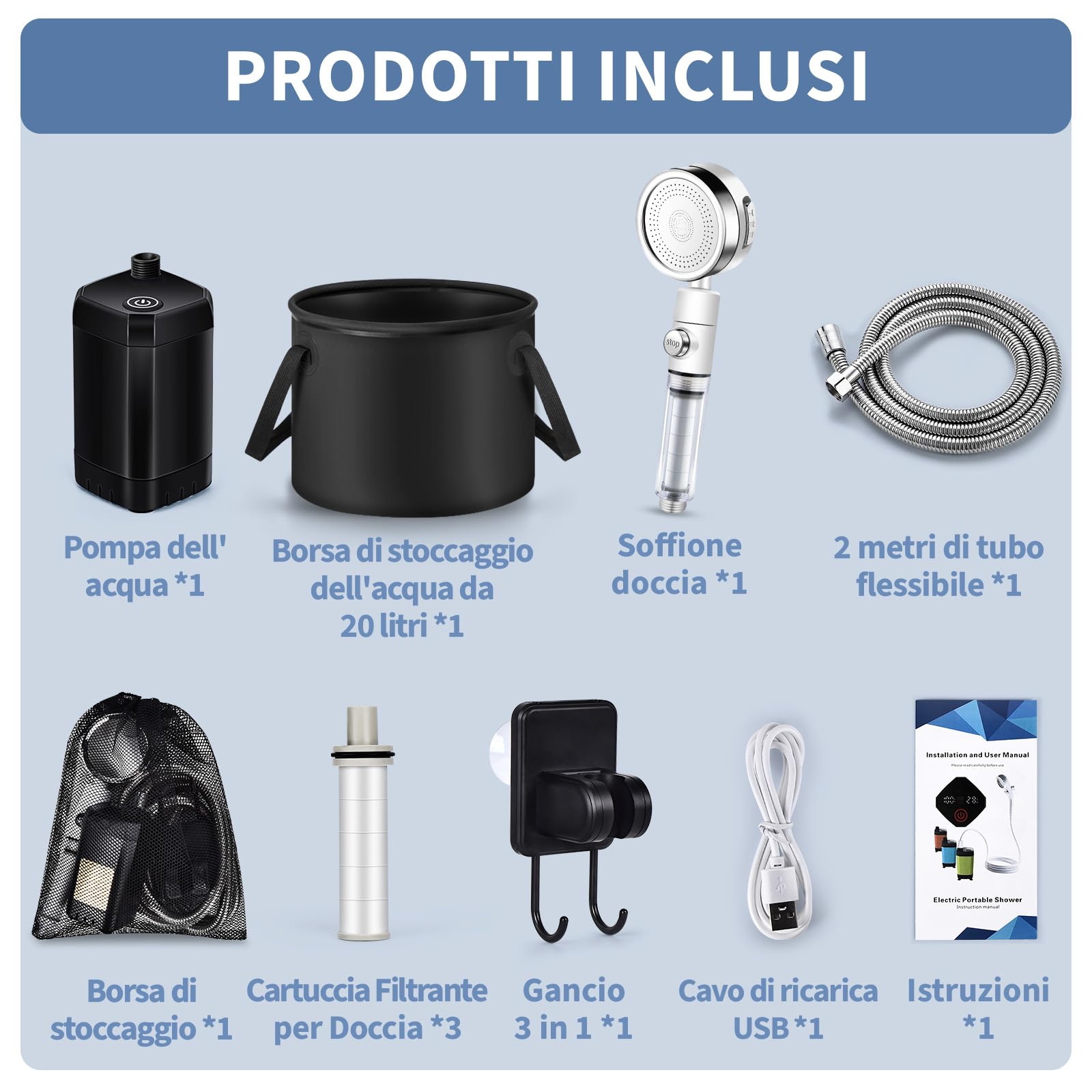 YOOHBERRYS Doccia Portatile, Doccia Campeggio Aggiornata con 20L Secchio Pieghevole Doccia Elettrica con Batteria da 6000 mAh, Doccia Filtrabile, Display Ddella Temperatura per Giardino, Campeggio