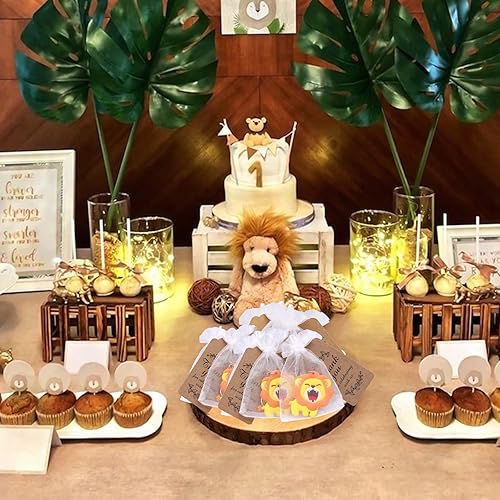 Miniatura 7 de Bonito llavero de león para fiesta de cumpleaños, 24 juegos de bolsas de regalo con etiquetas de papel kraft de agradecimiento y bolsas de regalo