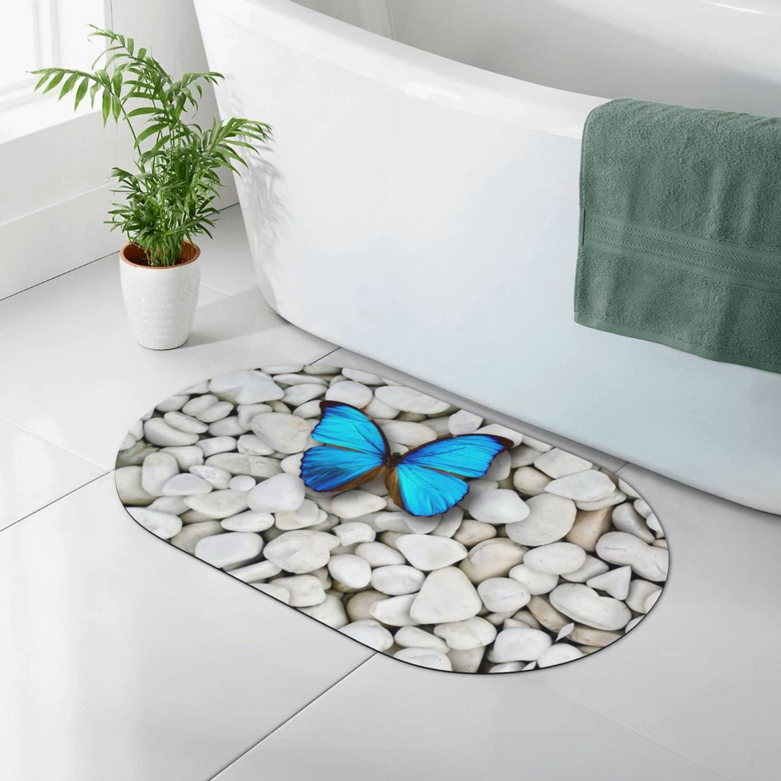 Tapis de diatomée antidérapant à séchage instantané respectueux de l'environnement Motif papillons et pierres 50 x 80 cm