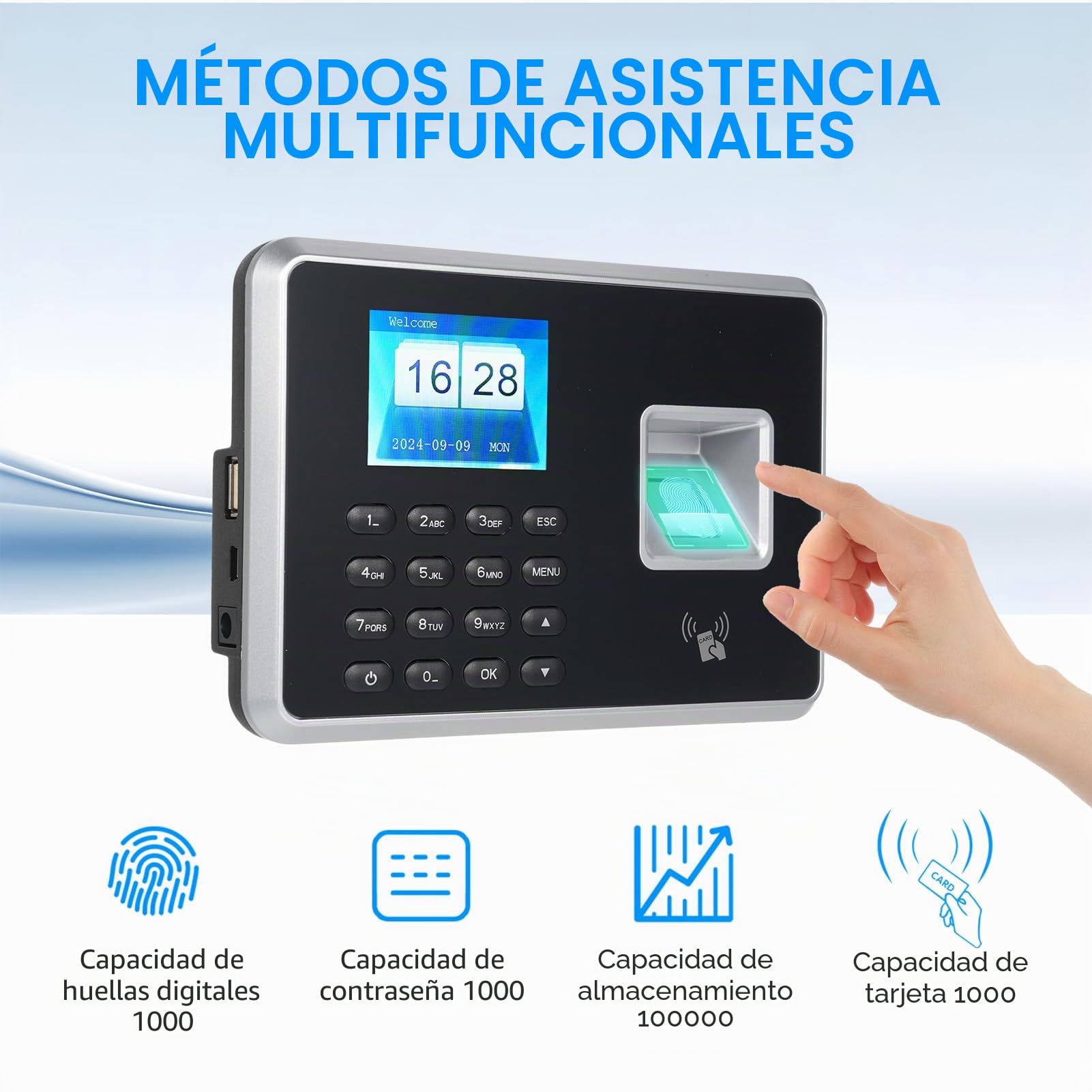 Bisofice Control Horario Empleados, Máquina Fichar Empleados de Asistencia Biométrica de Huella Dactilar con Sistema Española,Memoria de 8GB, Capacidad de 1000 Huellas,Sin Conexión Internet