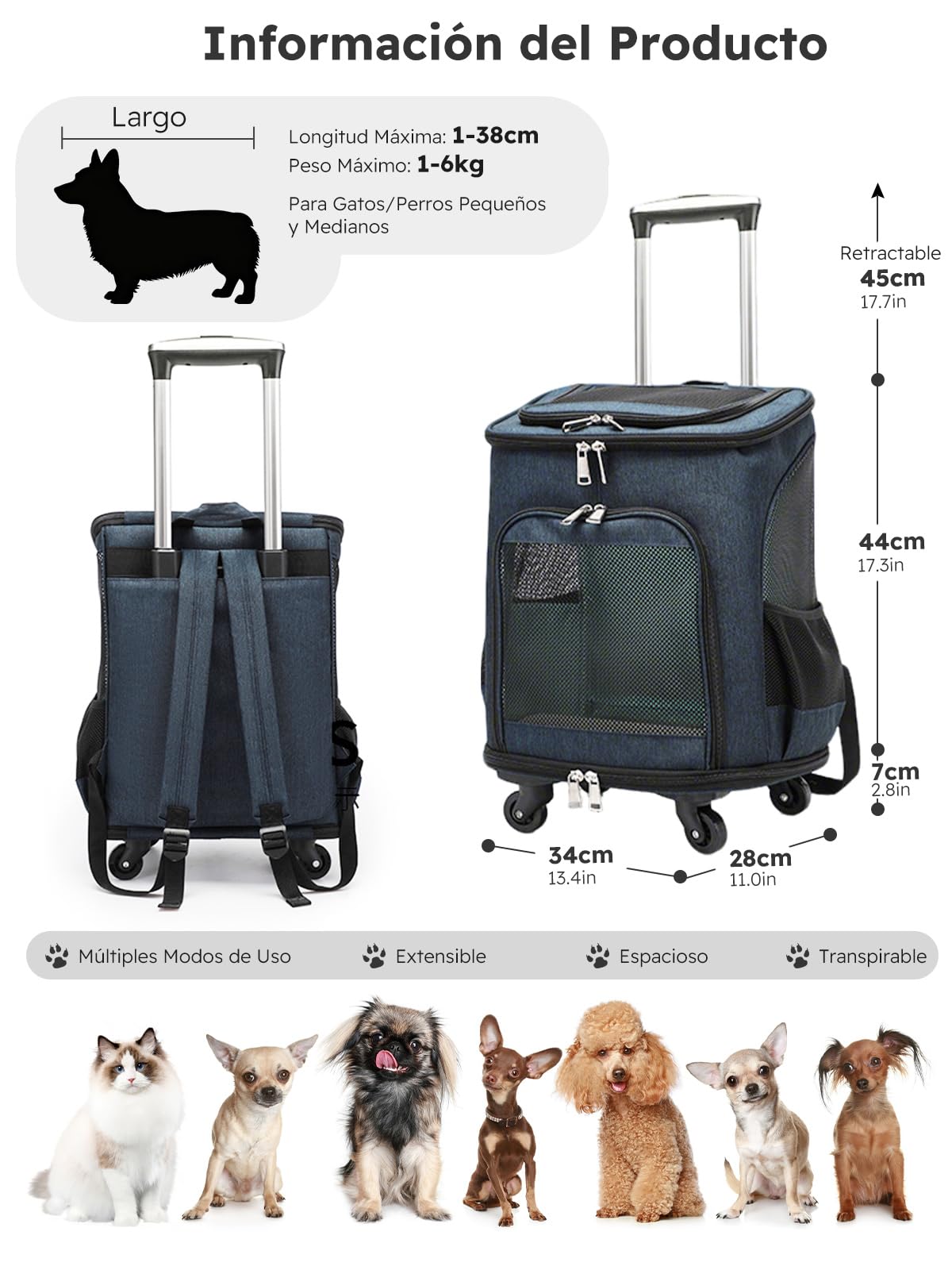 PETCUTE Mochila para Mascotas 3 en 1 con Ruedas,Transportín Transpirable para Gatos con Bolsillos,Mochila Plegable para Perros con Alfombrilla Lavable y Extraíble,Ideal para Senderismo y Viajes