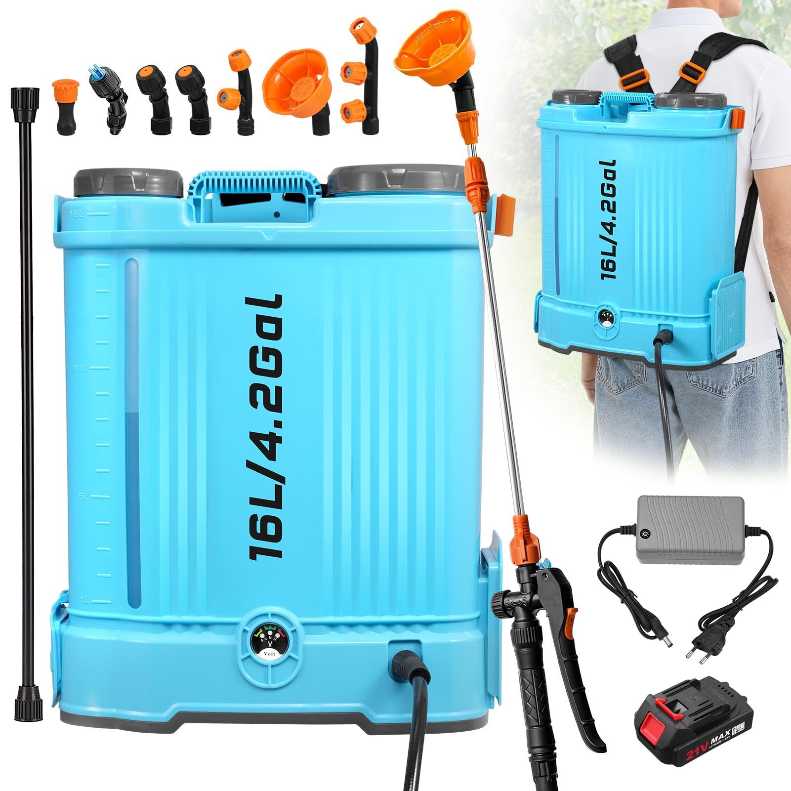 Pulverizador a presión con batería, 16 L, con batería de 21 V, 2000 mAh, ajustable, 0-100 PSI 7 bar, compatible con batería de 18 V, pulverizador a presión con 6 boquillas para jeringa de