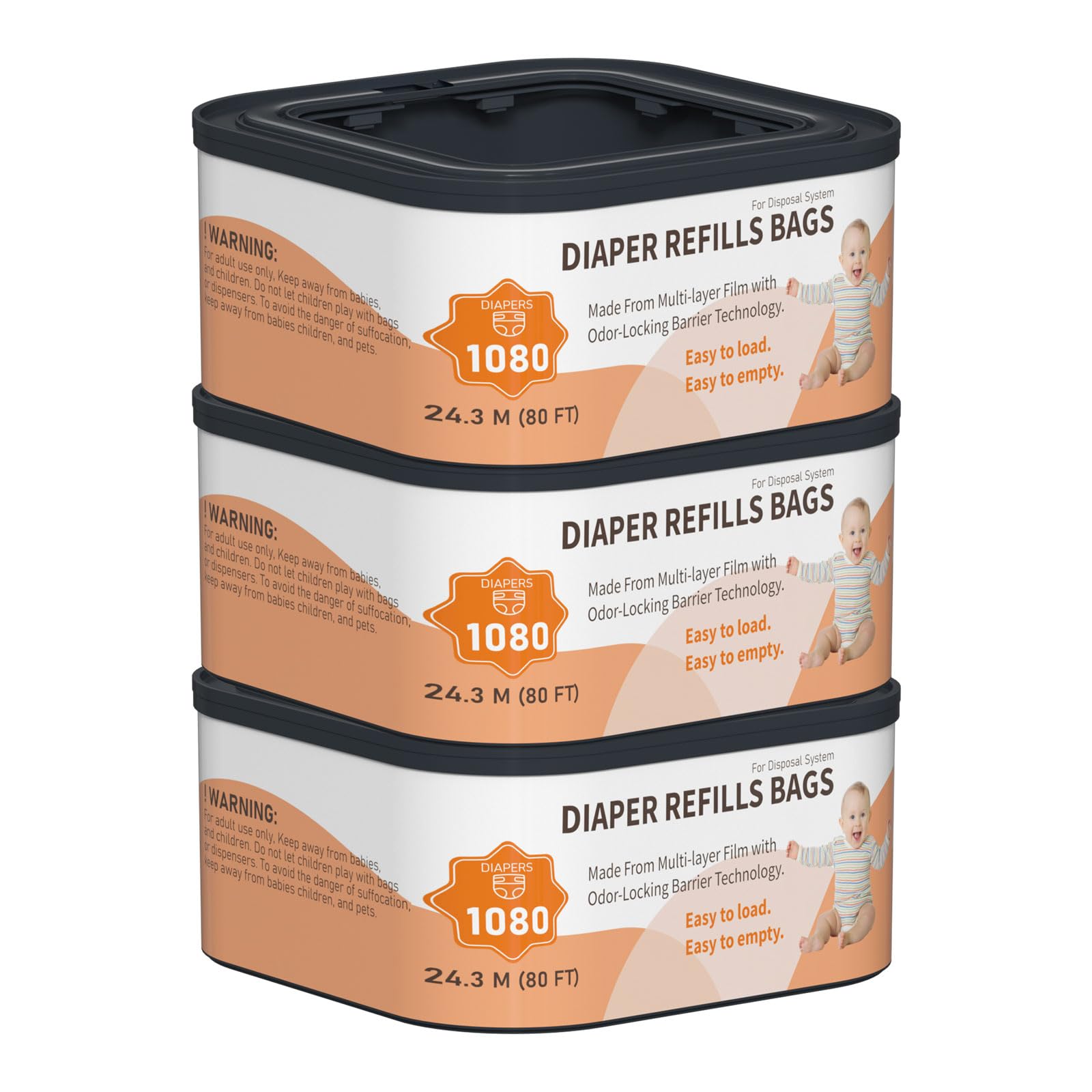 Jumbo+ Square Refills Disposal Bags Refill Compatible with Diaper Genie Compact, Classic and Select Pails, Hold Up to 1080 Newborn-Sized Diapers Per Refill, 3 Pack