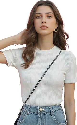 Istyle Can White Women’s Slim Fit Solid Rib Knit Stretchable Top | Round Neck Short Sleeve Tee | Plain Fitted T-Shirt for ...