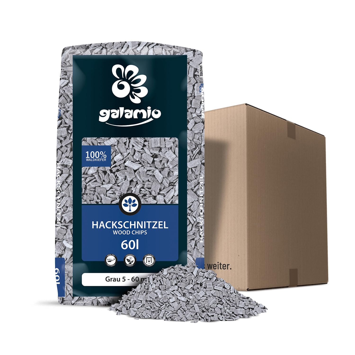 GALAMIO Holzhackschnitzel Grau Hackschnitzel Mulch Natur Wald Kiefer Pinus Sylvestris Garten Dekor Holz Häcksel Grob 5-60mm 60l Sack / 1 Karton