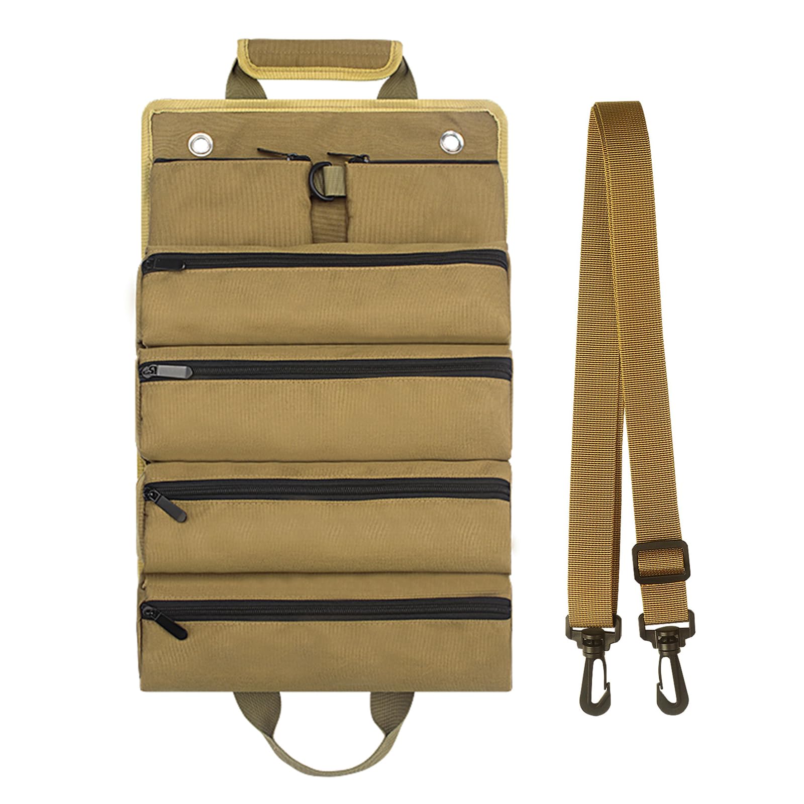 Tsophreniq Khaki Rolling Pouch Tool Organisers Bag With 4 Zipper Pockets Multifunctional Storage Professional Roll Organizer Wear Resistant Carry