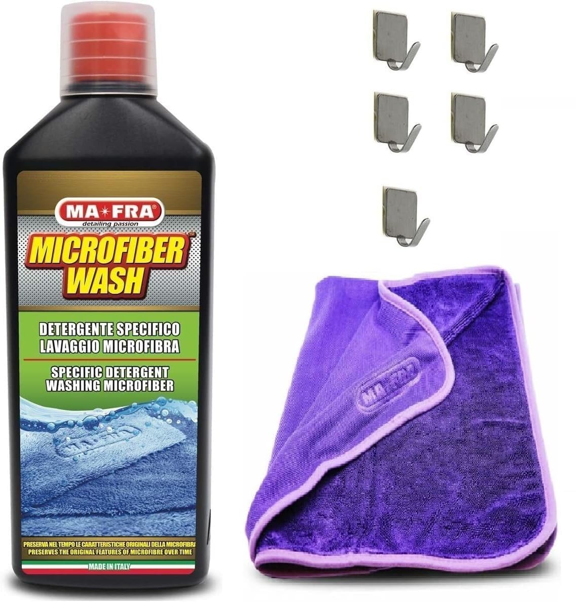 KIT MAFRA MA FRA PANNO SUPER DRYER + MICROFIBER WASH 1000ML PER PULIZIA PANNI MICROFIBRA + 4 GANCI APPENDI PANNI