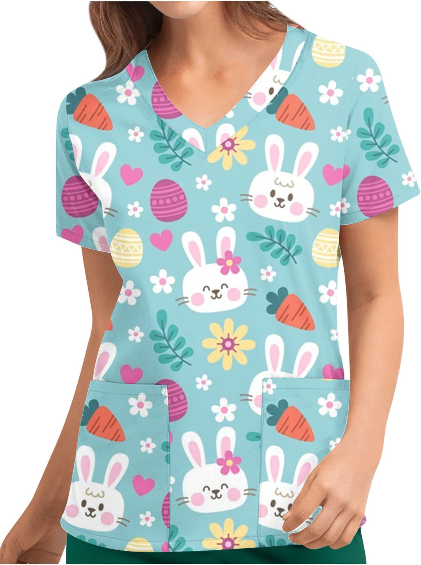 Dubute Easter Scrubs Tops Women Bunny Rabbit Easter Eggs Print V Neck Short Sleeve Medical Nursing T Shirts Uniform with Pockets