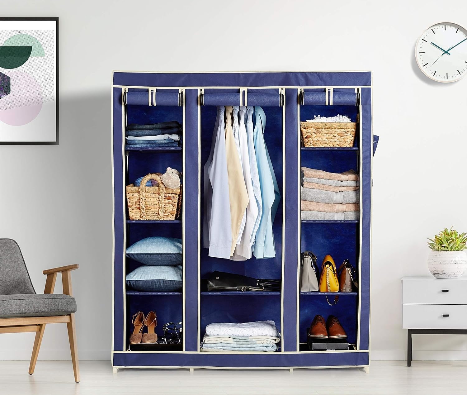 ZOSHOMI Multi Purpose Fabric Portable Foldable Wardrobe ; Almirah Collapsible Storage for Baby/Kids/Adult |with Pockets on Both-Side-Made in India (Blue; 170x140x45 Cm)