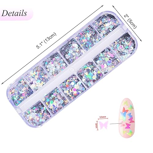 Miniatura 5 de 24 cajas de lentejuelas holográficas para uñas, copos de sirena iridiscentes, corazón de mariposa, ultra finas y coloridas con purpurina para