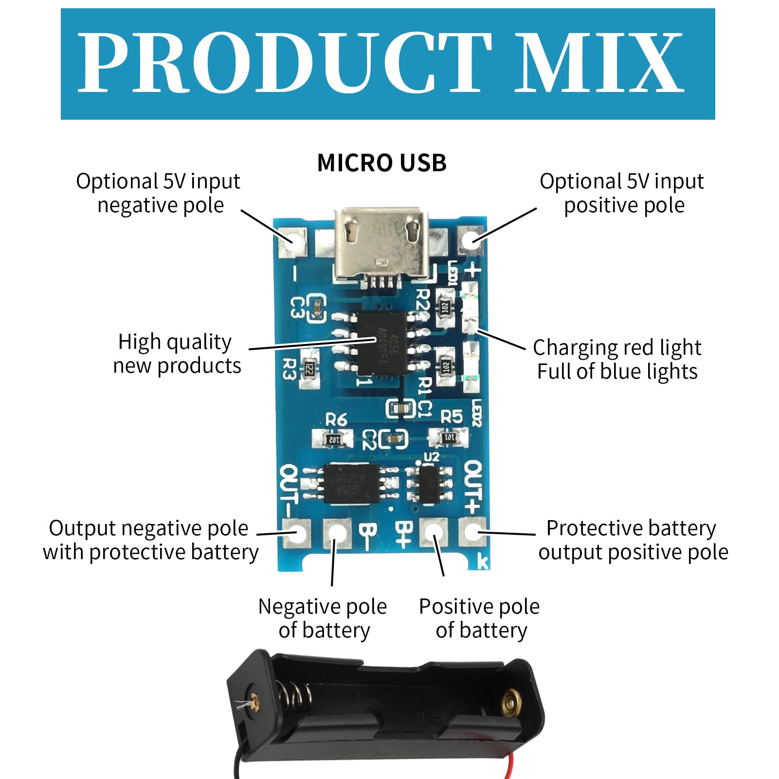 10 sztuk modułu ładowarki litowo-jonowej USB 5V 1A typu C, 6 sztuk uchwytów na baterie 3,7V z kablami podłączeniowymi, jednoszynowa płyta ładująca i podwójne funkcje ochronne (10 sztuk Micro USB +