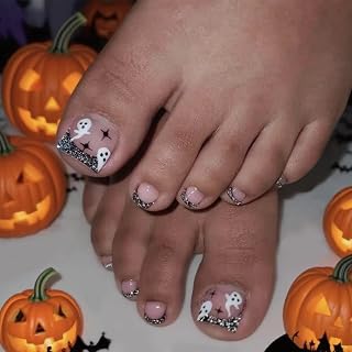 Halloween Cute Ghost Press on Toenails Short Square Fake Toenails Silver Glitter French Silver Halloween Glossy Full Cover Acrylic Glue on Toe Nails for Women Manicure Decoration 24Pcs