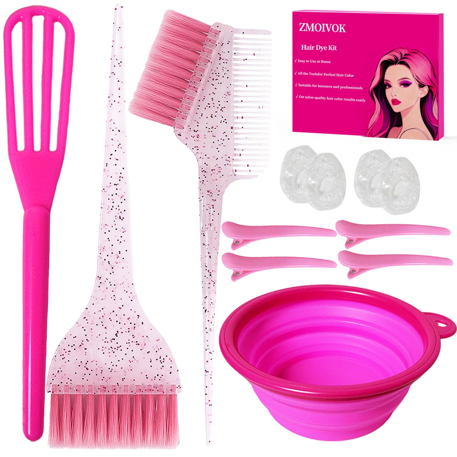 View 1 of 12 pcs Hair Dye Kit Professional Salon Tools with Hair Dye Brush and Bowl Set Hair Bleach Kit,Dye Clips Gloves Ear Covers,for Hairstylist and Women Hair Bleaching Coloring Highlighting Kit (12, pink)