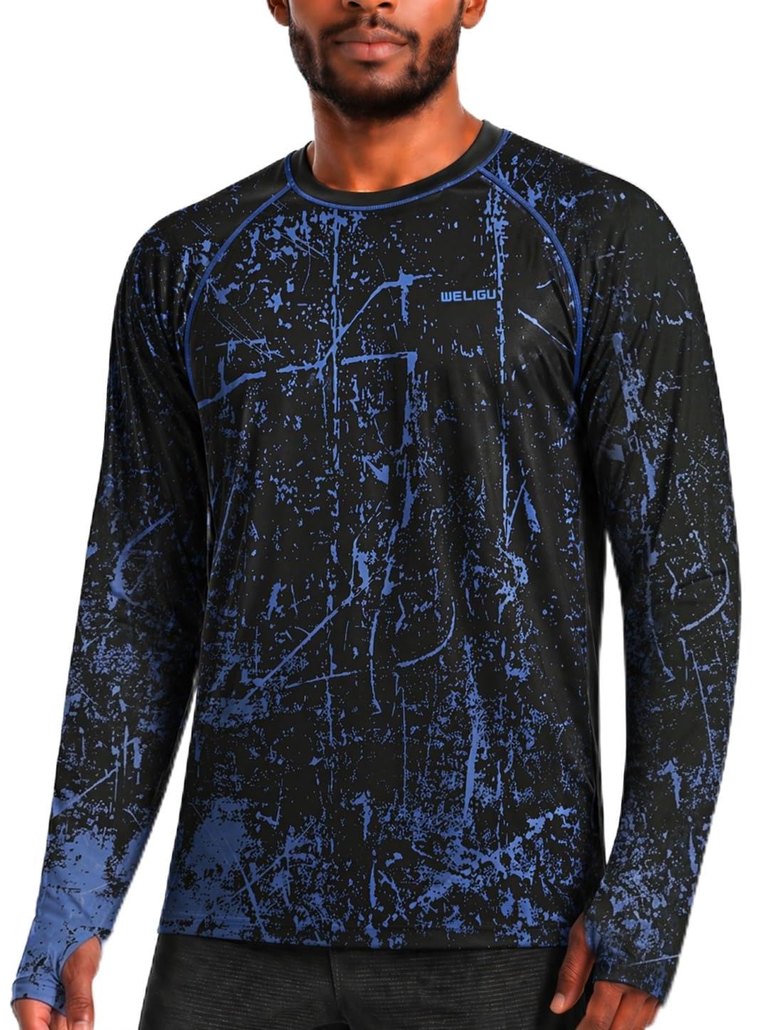 WELIGU UV-Shirt Herren Langarm UPF 50+ Schwimmshirt Rashguard Badeshirt | Daumenlöcher, Schnelltrocknend, Leicht, Atmungsaktiv, Feuchtigkeitsableitend, 4-Wege-Stretch, Lockere Passform, Allover-Druck