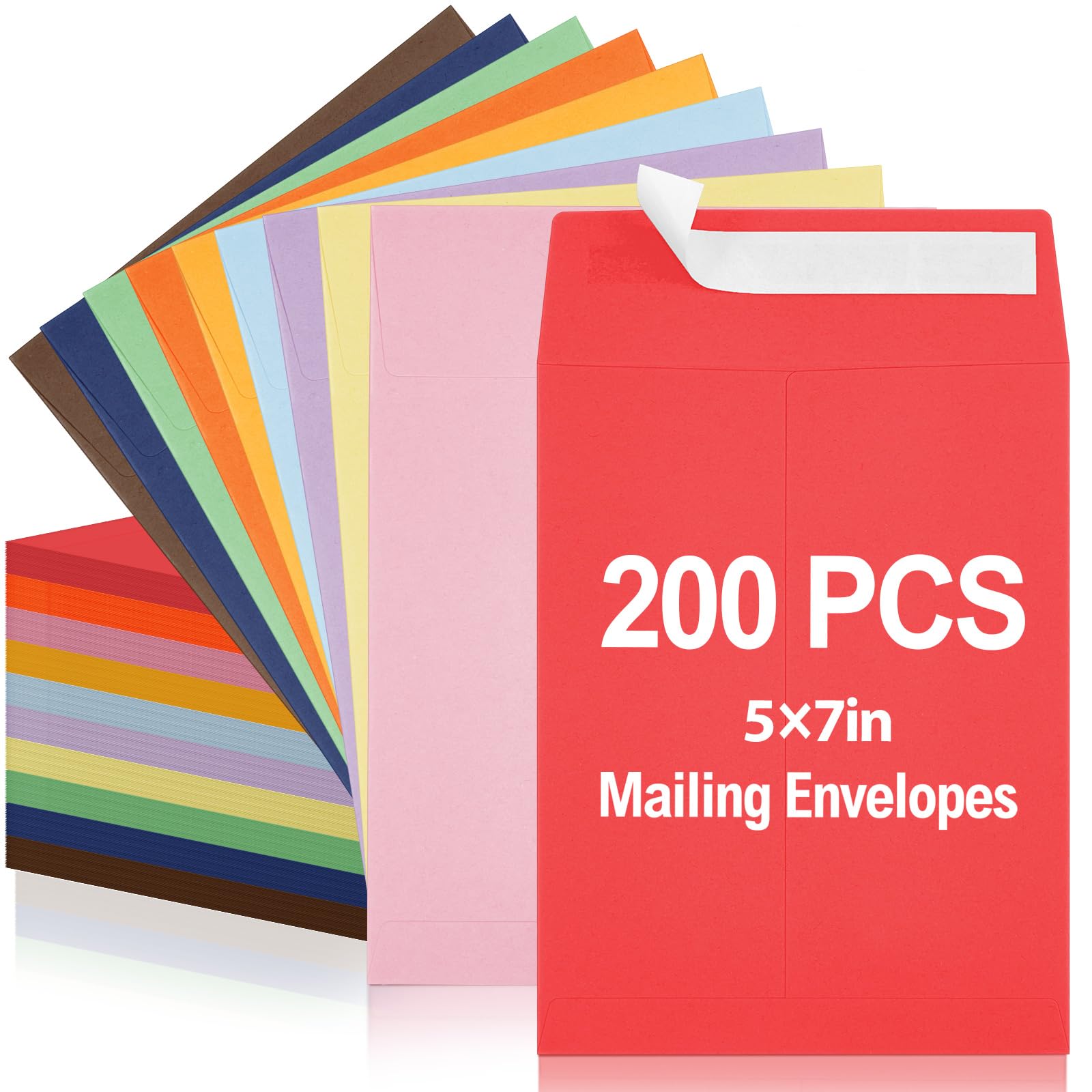 200 Pcs 5 x 7 Inch Colorful Manila Envelopes with Peel &amp; Seal Closure, Small Self Adhesive Kraft Envelopes Open End Bulk for Mailing, Storing, Invitations, Greeting Cards, School Office Business