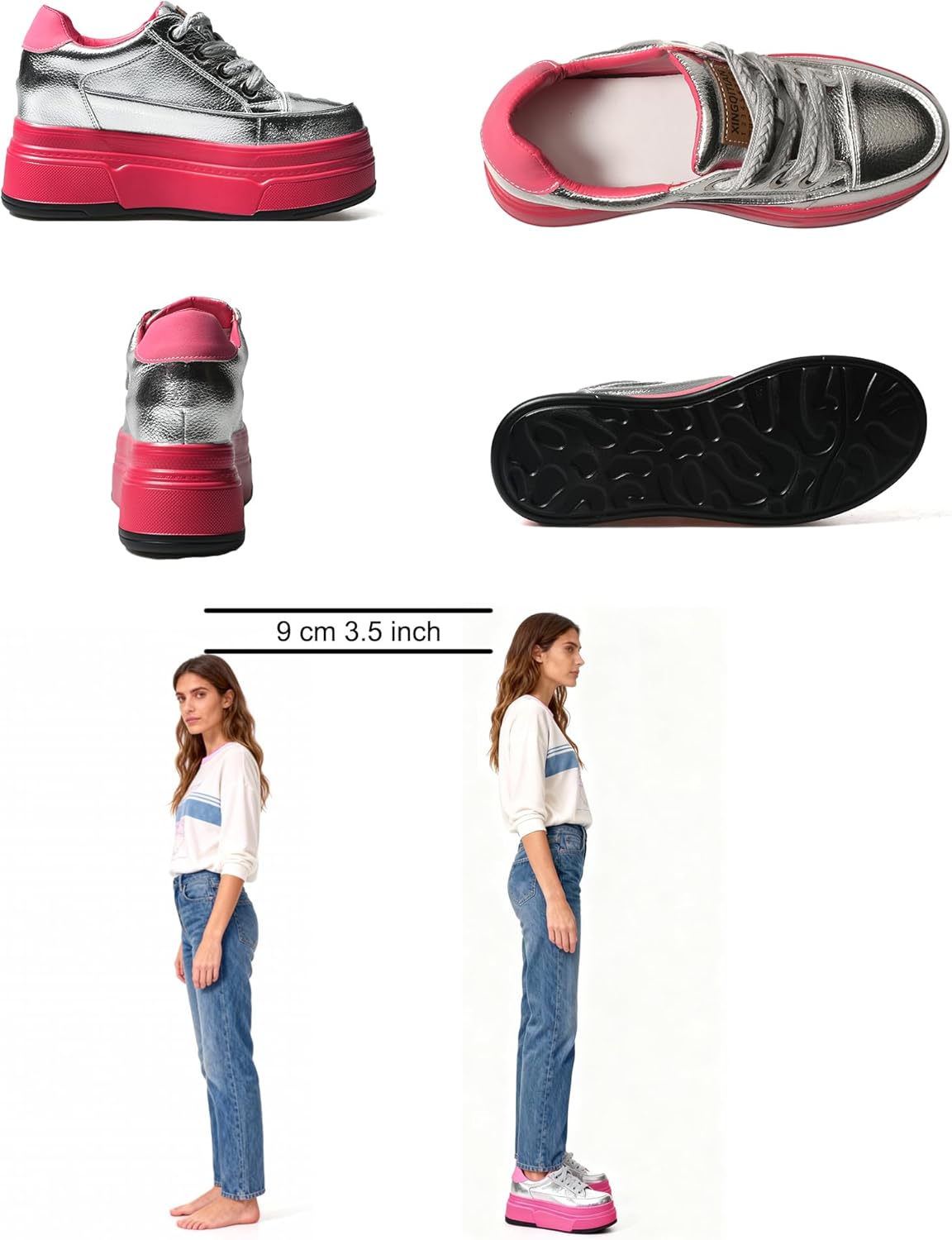 Platform Sneakers For Women - (3 inch-3.5 inch )6cm Heel & 3cm Inner Lift, Comfortable Cushioned Arch Support, Non-Slip Casual Walking Shoes, Microfiber Leather Platform Shoes White Black Red Yellow - Image 2